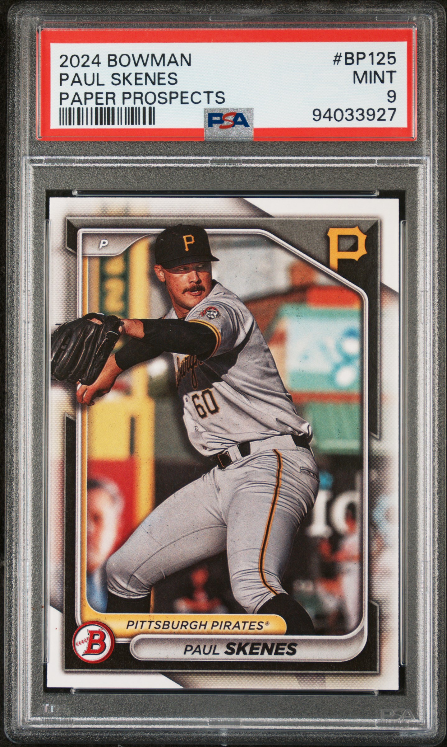 Paul Skenes 2024 Bowman Pittsburgh Pirates Baseball Paper Prospects Rookie Card #BP125 Graded PSA 9 Cert #94033927