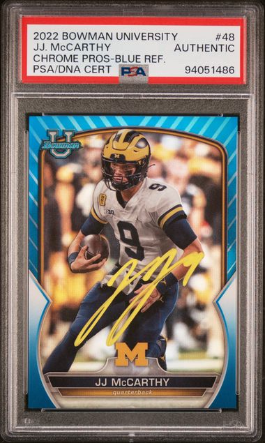 J.J. McCarthy 2022 Bowman Chrome Blue Refractor Rookie Card #48 Auto PSA 129/199