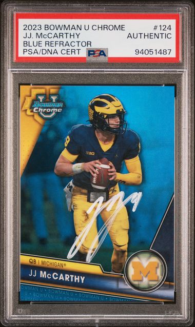 J.J. McCarthy 2023 Bowman Chrome Blue Refractor Rookie Card #124 Auto PSA 44/199