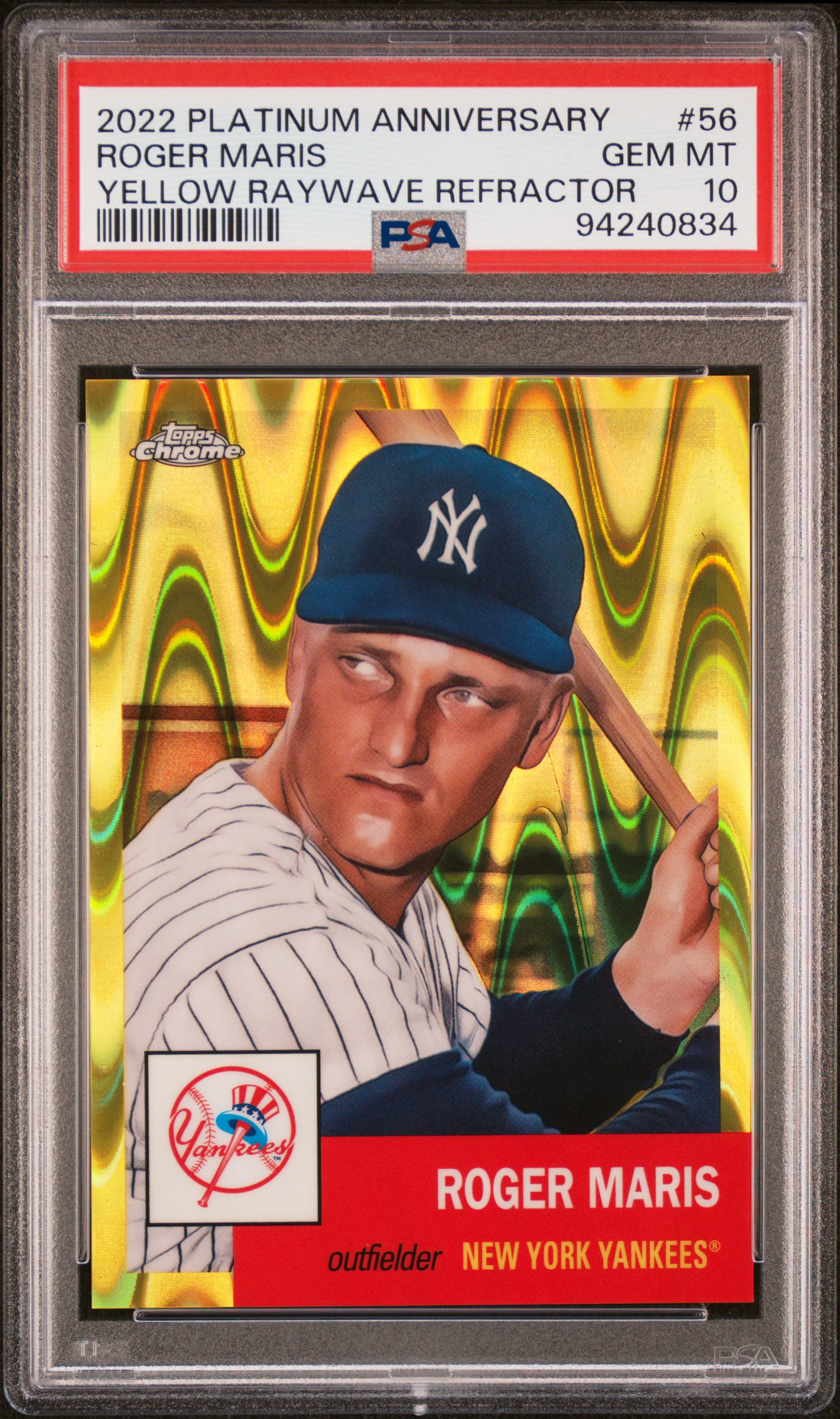 Roger Maris 2022 Topps Chrome Yellow Raywave Refractor Baseball Card #56 Graded PSA 10 131/250