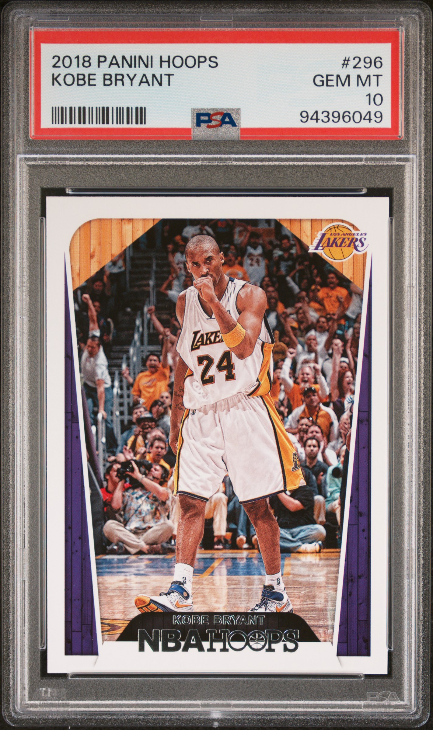 Kobe Bryant 2018 Panini Hoops Los Angeles Lakers Basketball Card #296 Graded PSA 10 Cert #94396049 Kobe Bryant 2018 Panini Hoops Los Angeles Lakers Basketball Card #296 Graded PSA 10 Cert #94396049