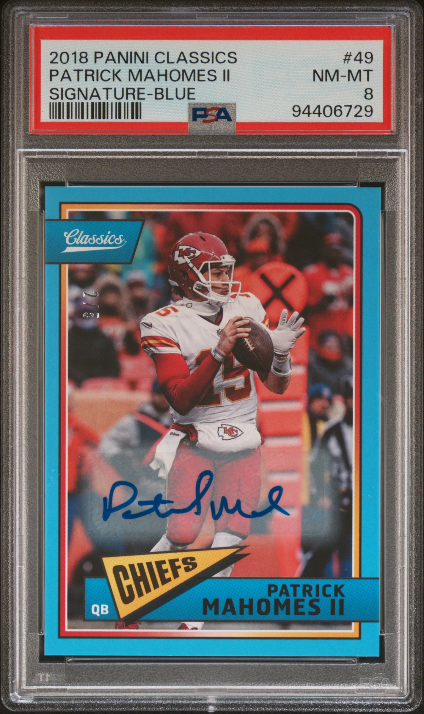Patrick Mahomes II 2018 Panini Classics Signature Blue Autograph Signed Football Card #49 Auto Graded PSA 8 2/5 Cert #94406729
