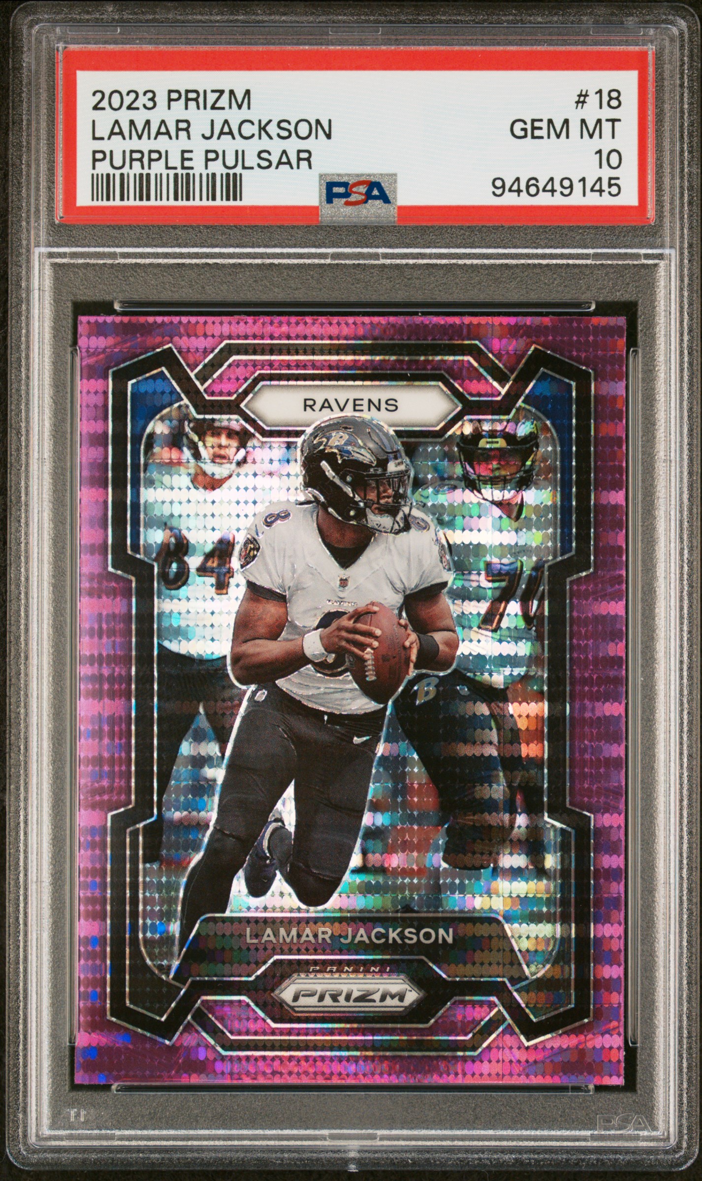 Lamar Jackson 2023 Panini Prizm Purple Pulsar Football Card #18 Graded PSA 10