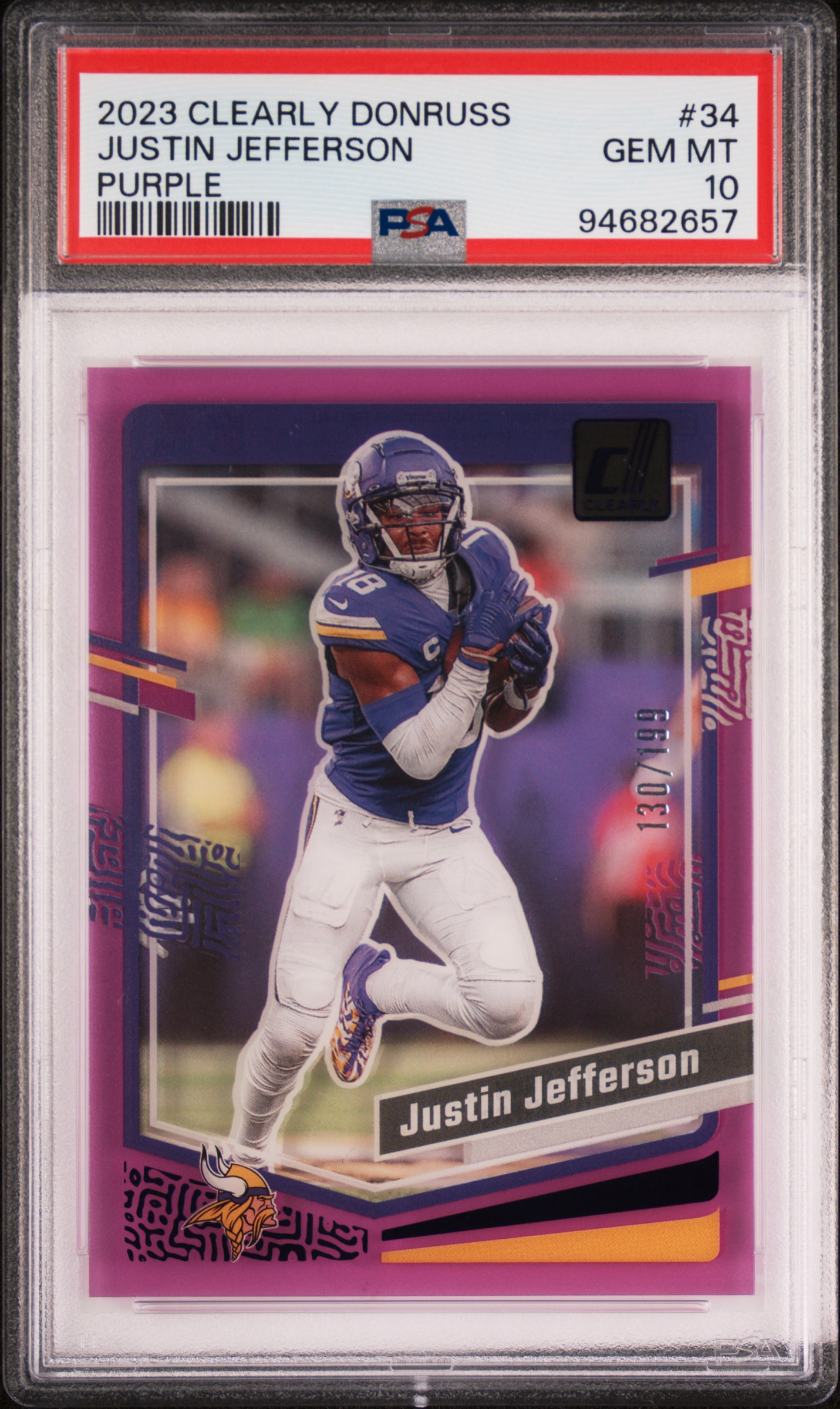 Justin Jefferson 2023 Panini Clearly Donruss Purple Football Card #34 Graded PSA 10 130/199 Justin Jefferson 2023 Panini Clearly Donruss Purple Football Card #34 Graded PSA 10 130/199