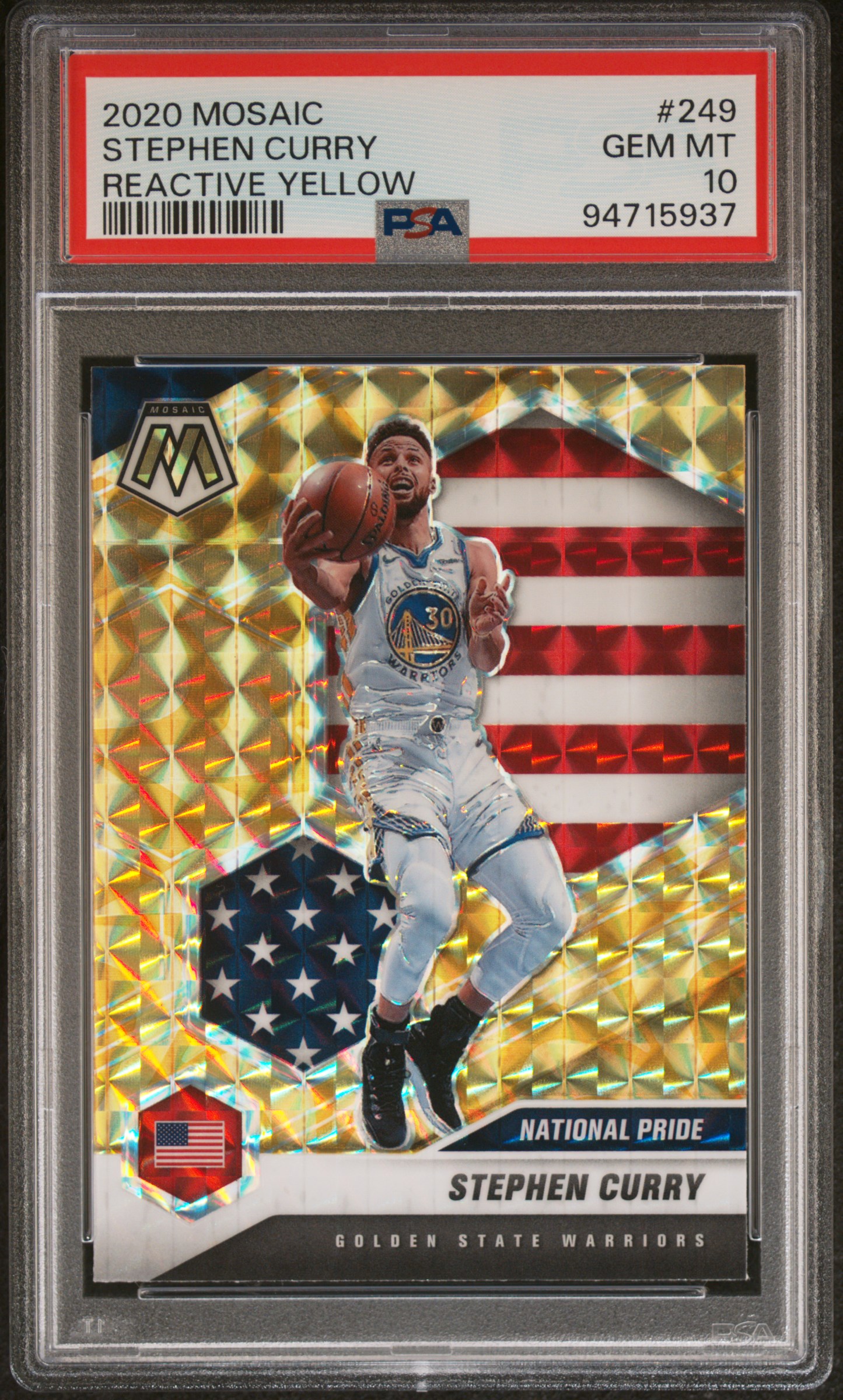 Stephen Curry 2020 Panini Mosaic Reactive Yellow National Pride Golden State Warriors Basketball Card #249 Graded PSA 10 Cert #94715937 Stephen Curry 2020 Panini Mosaic Reactive Yellow National Pride Golden State Warriors Basketball Card #249 Graded PSA 10 Cert #94715937