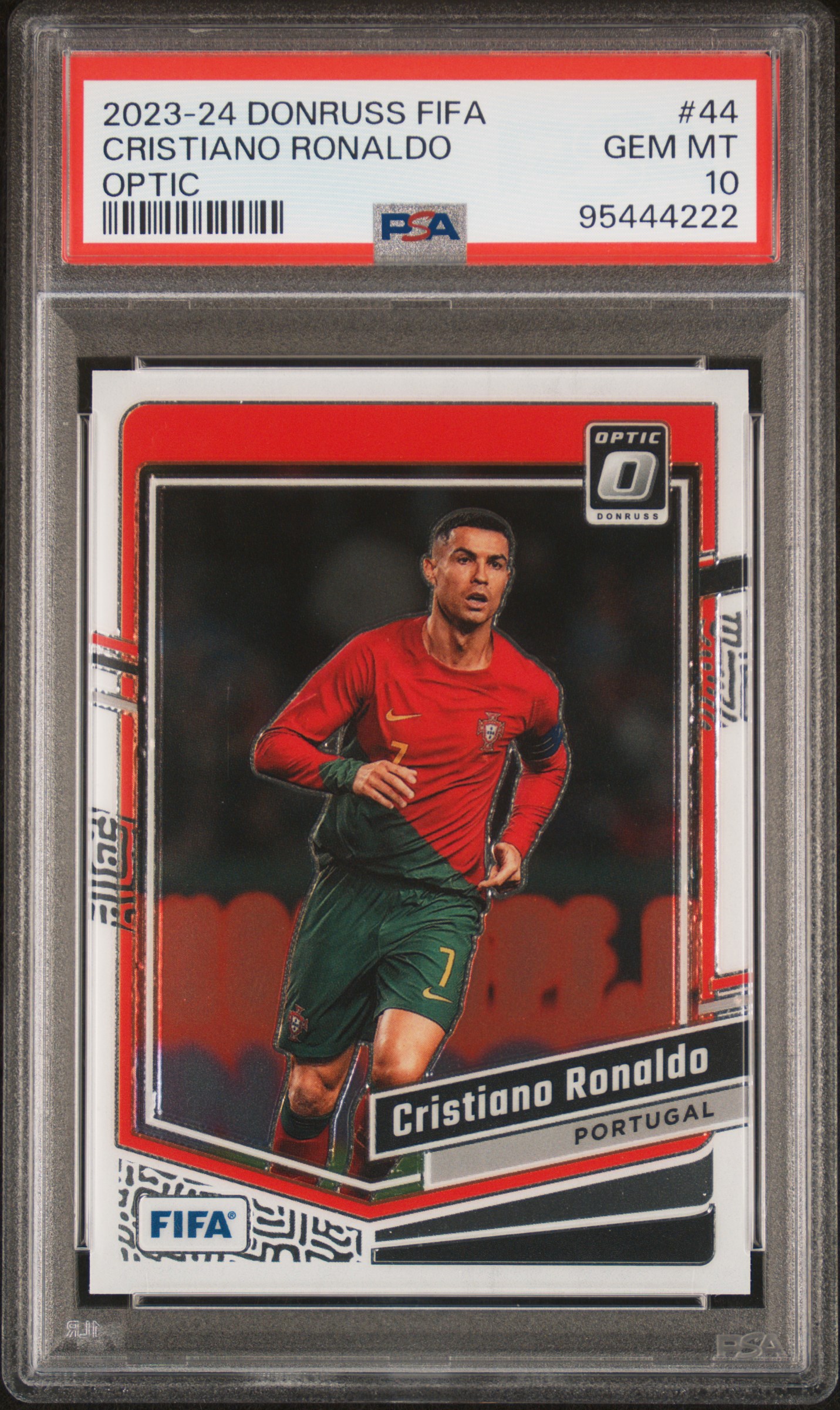 Cristiano Ronaldo 2023 Panini Donruss FIFA Optic Soccer Card #44 Graded PSA 10 Cert # 95444222 Cristiano Ronaldo 2023 Panini Donruss FIFA Optic Soccer Card #44 Graded PSA 10 Cert # 95444222