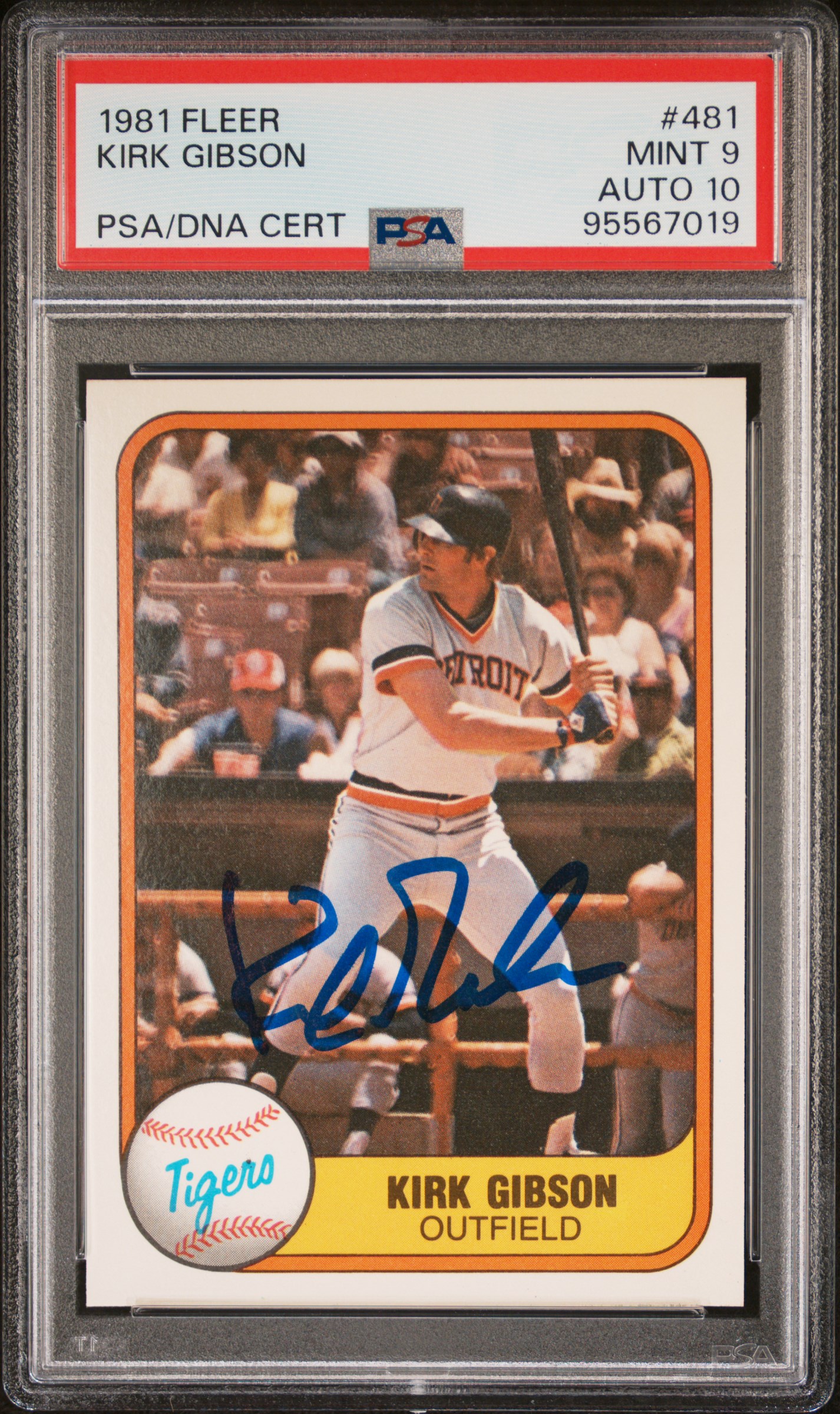 Kirk Gibson 1981 Fleer Signed Baseball Rookie Card #481 Graded PSA 9 Auto 10