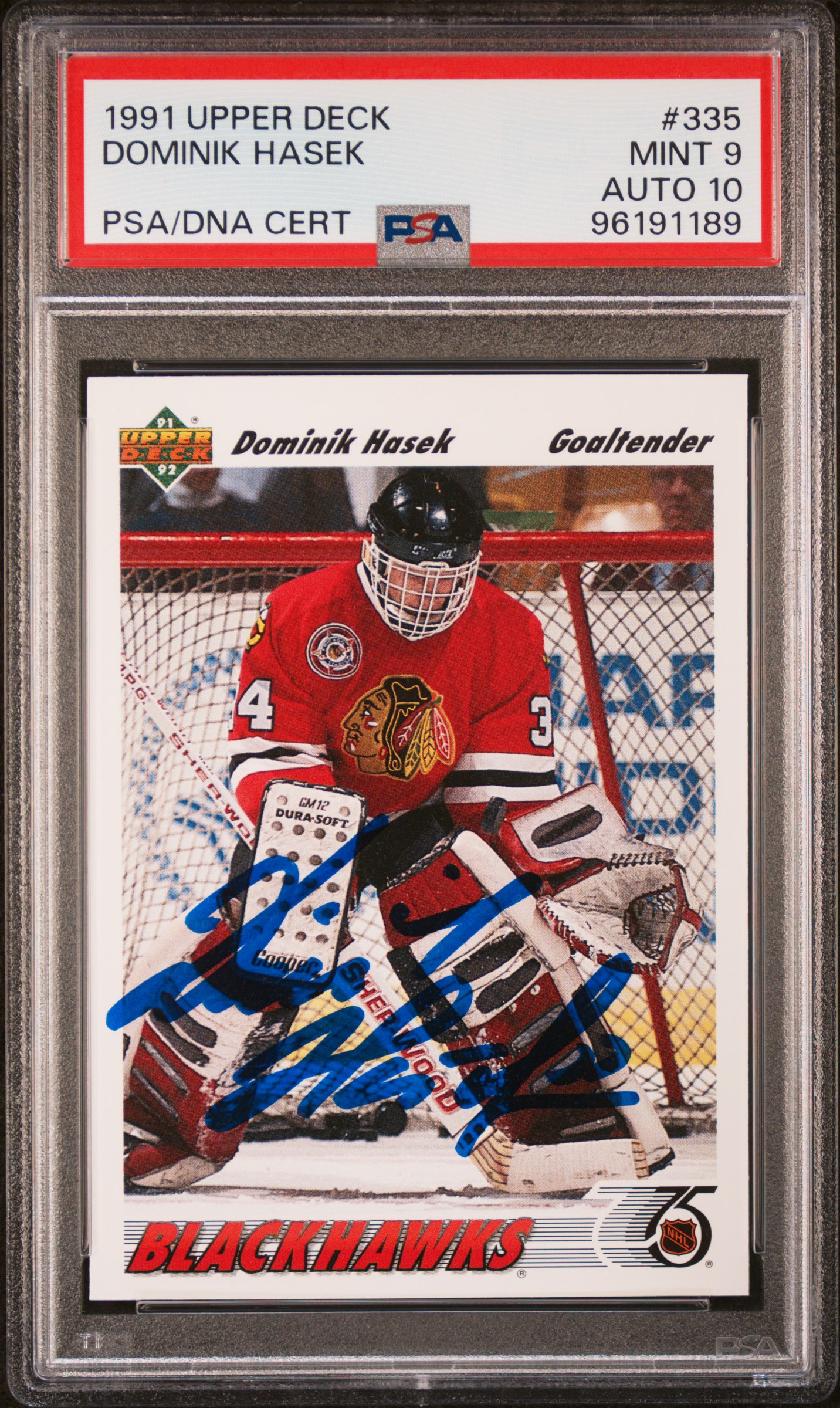 Dominik Hasek 1991 Upper Deck Signed Rookie Card #335 Graded PSA 9 Auto 10