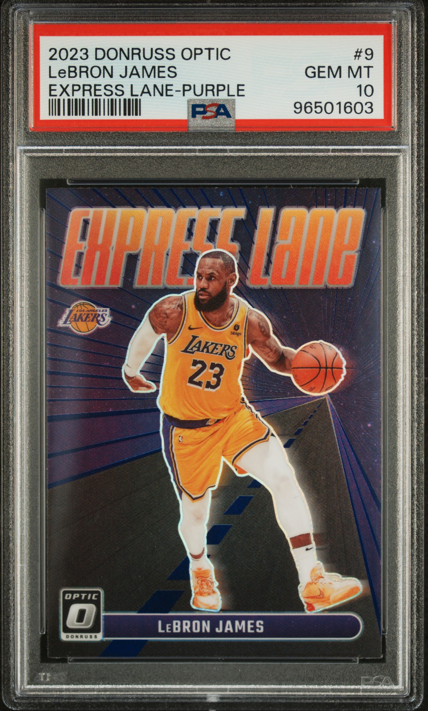 LeBron James 2023 Donruss Optic Express Lane Purple Basketball Card #9 Graded PSA 10 Cert #96501603
