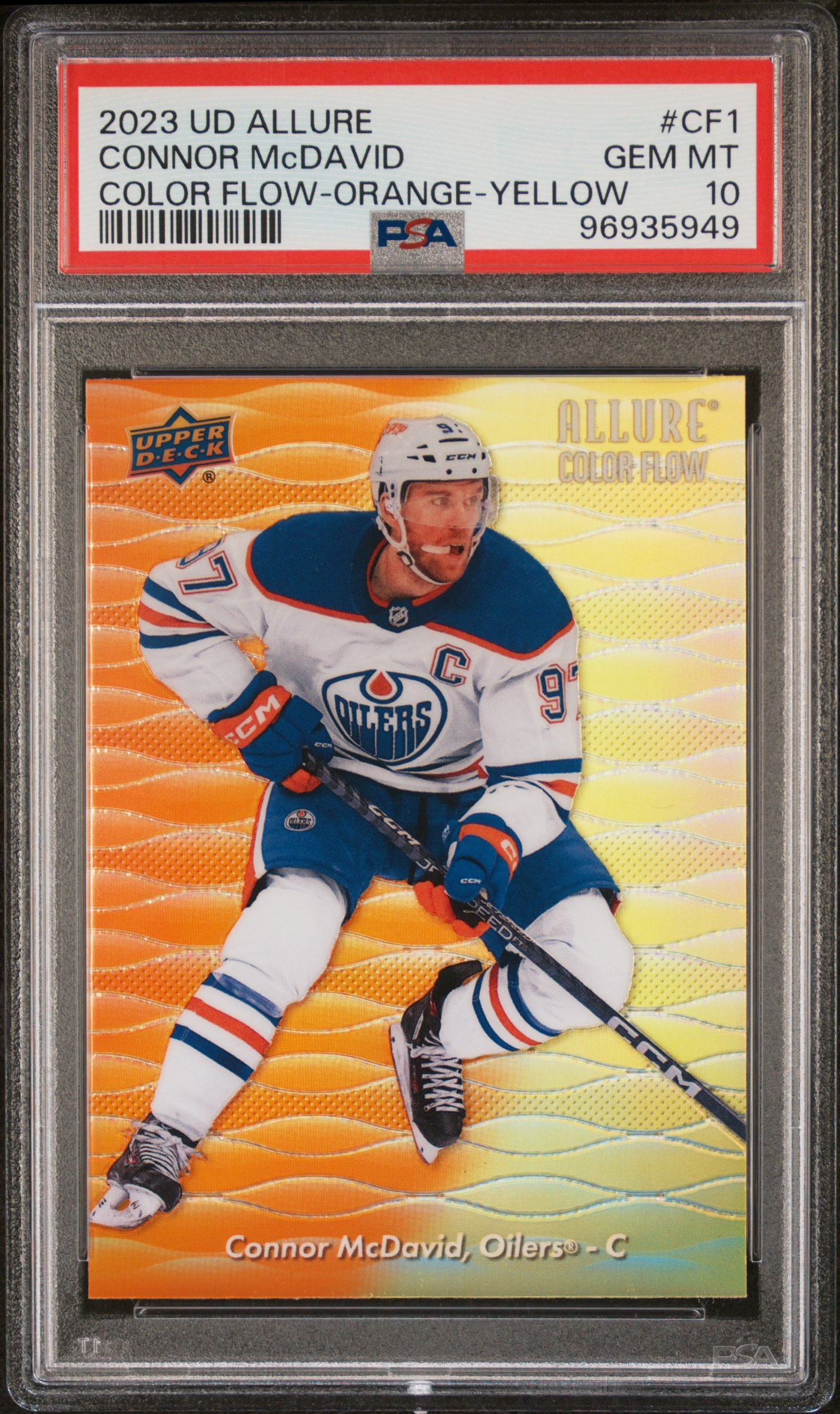 Connor McDavid 2023 Upper Deck Allure Color Flow Orange Yellow Hockey Card #CF1 Graded PSA 10 Cert #96935949