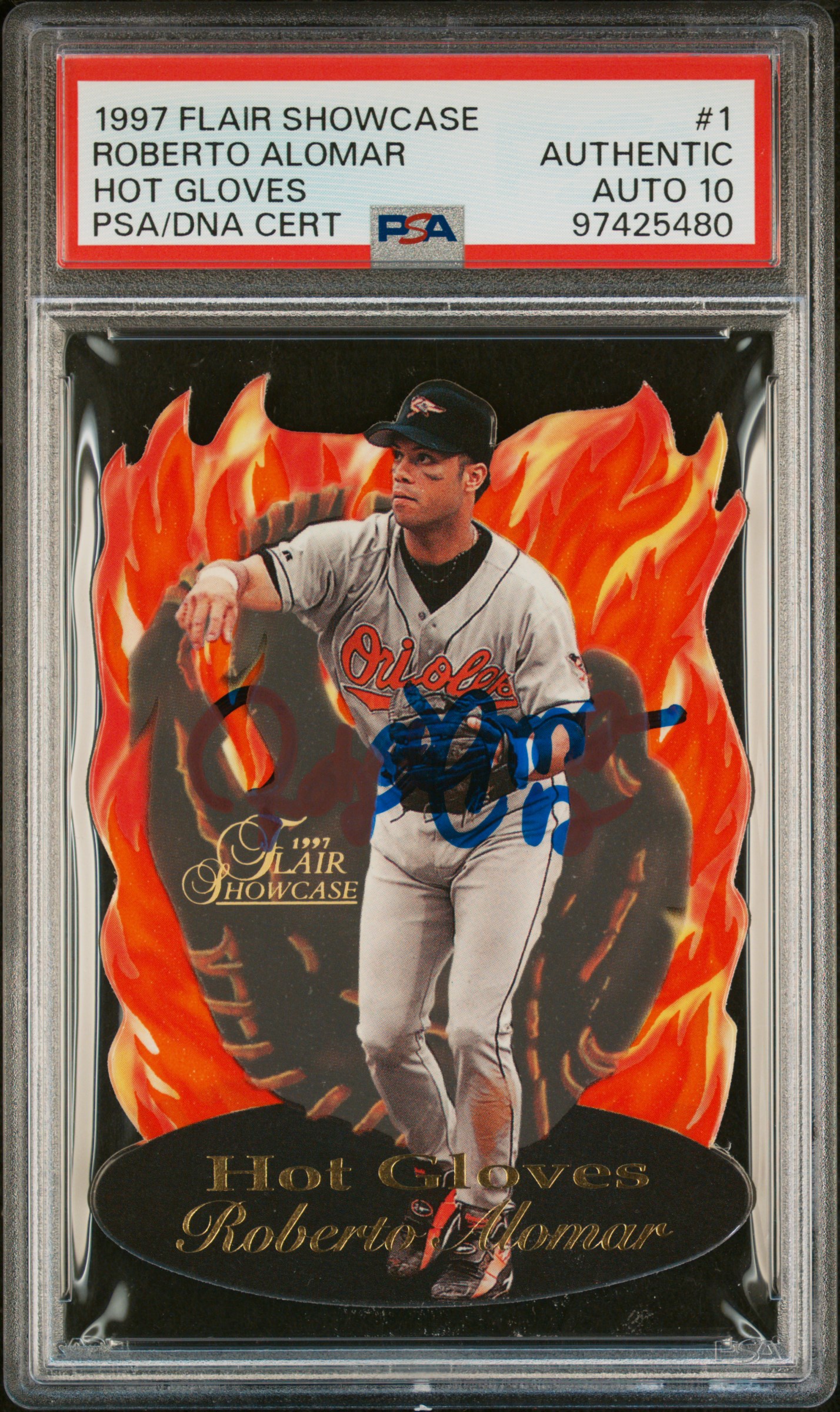 Roberto Alomar 1997 Flair Showcase Hot Gloves Signed Card #1 Auto Graded PSA 10