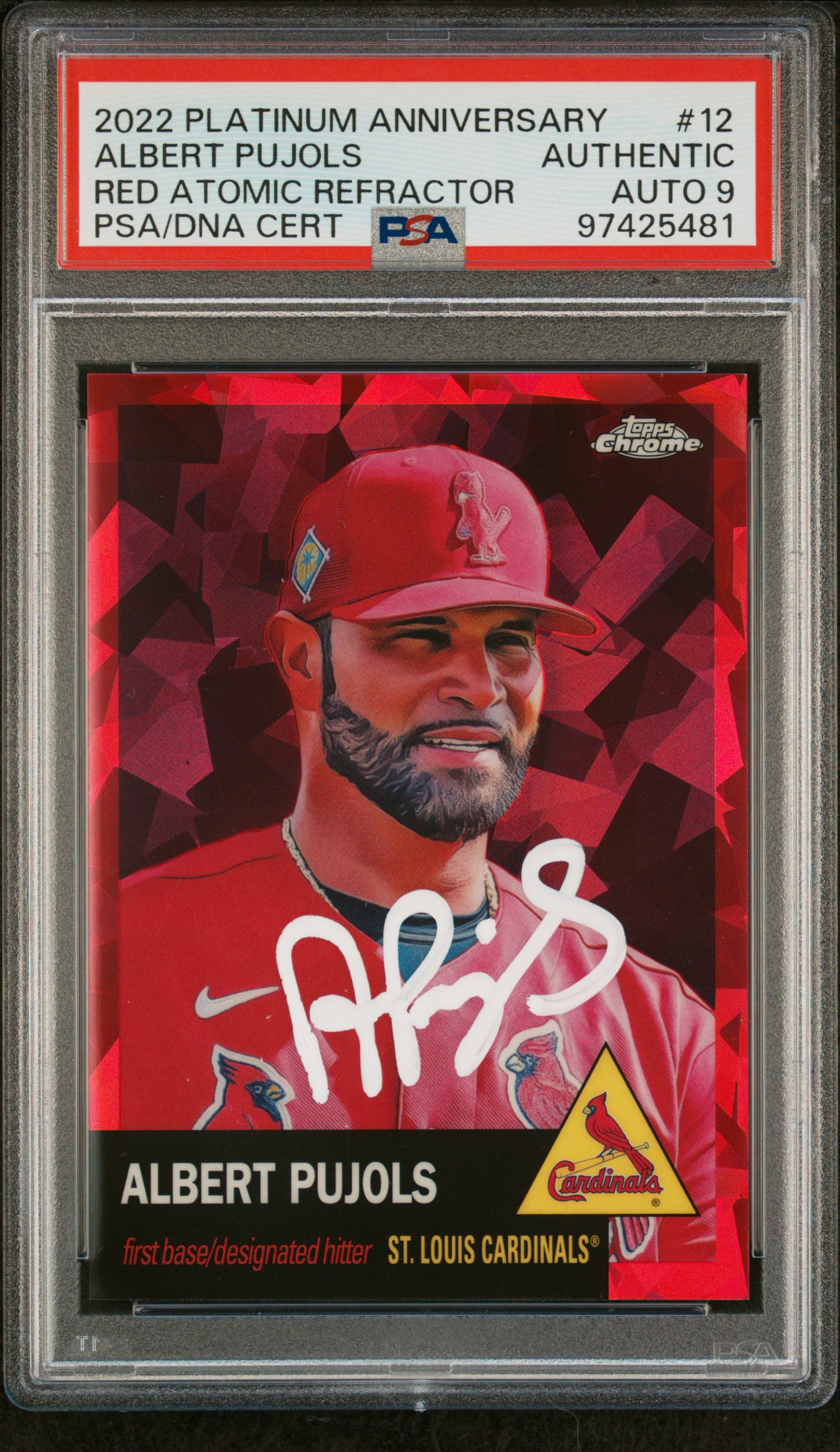 Albert Pujols 2022 Topps Chrome Red Atomic Refractor Card #12 Auto PSA 9 56/100