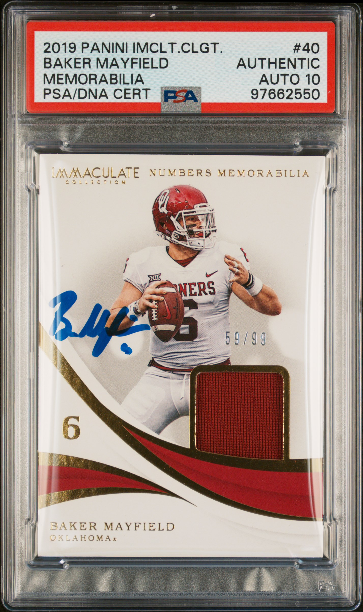 Baker Mayfield 2019 Panini Immaculate Patch Card #40 Auto Graded PSA 10 59/99
