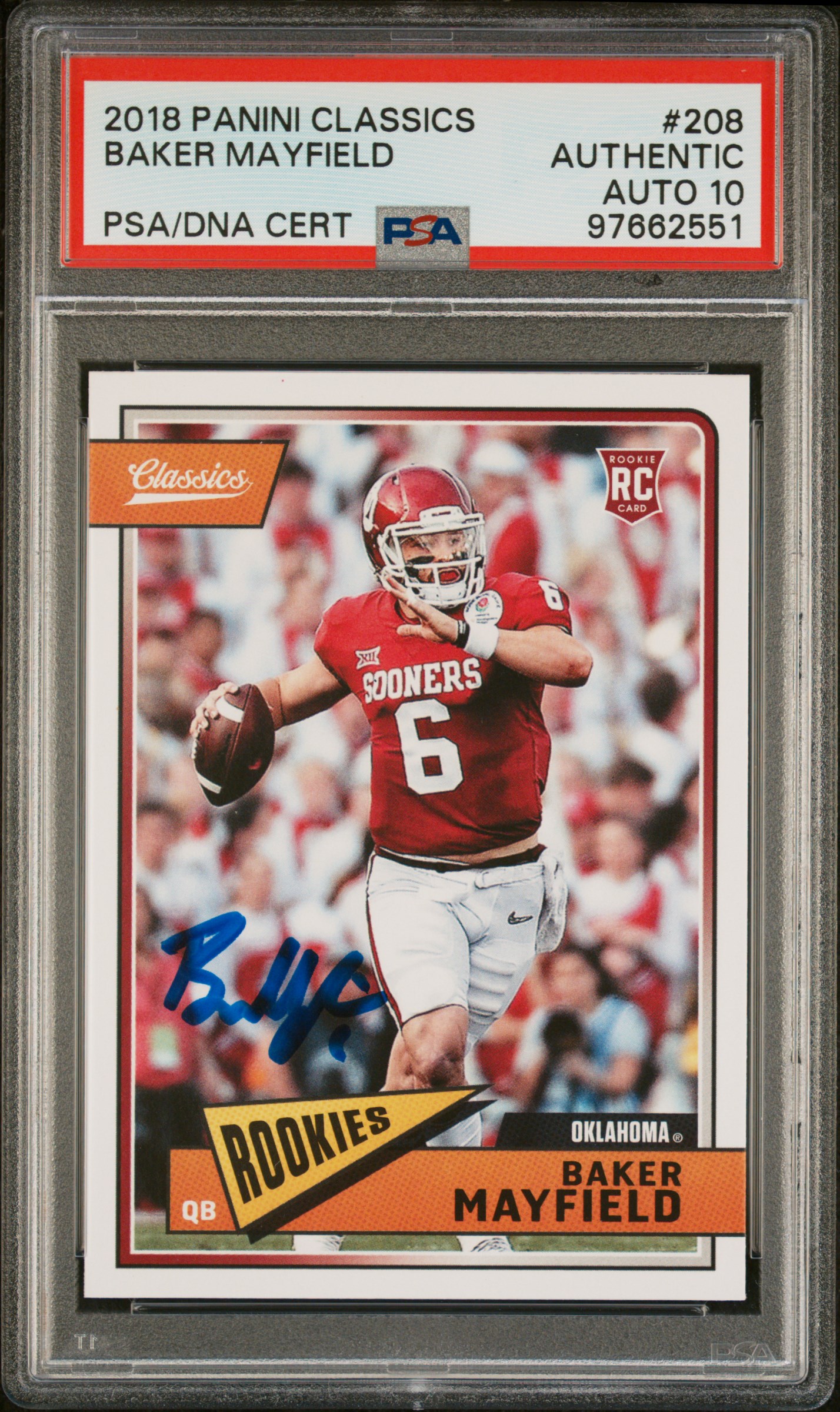 Baker Mayfield 2018 Panini Classics Rookie Card #208 Auto Graded PSA 10 97662551