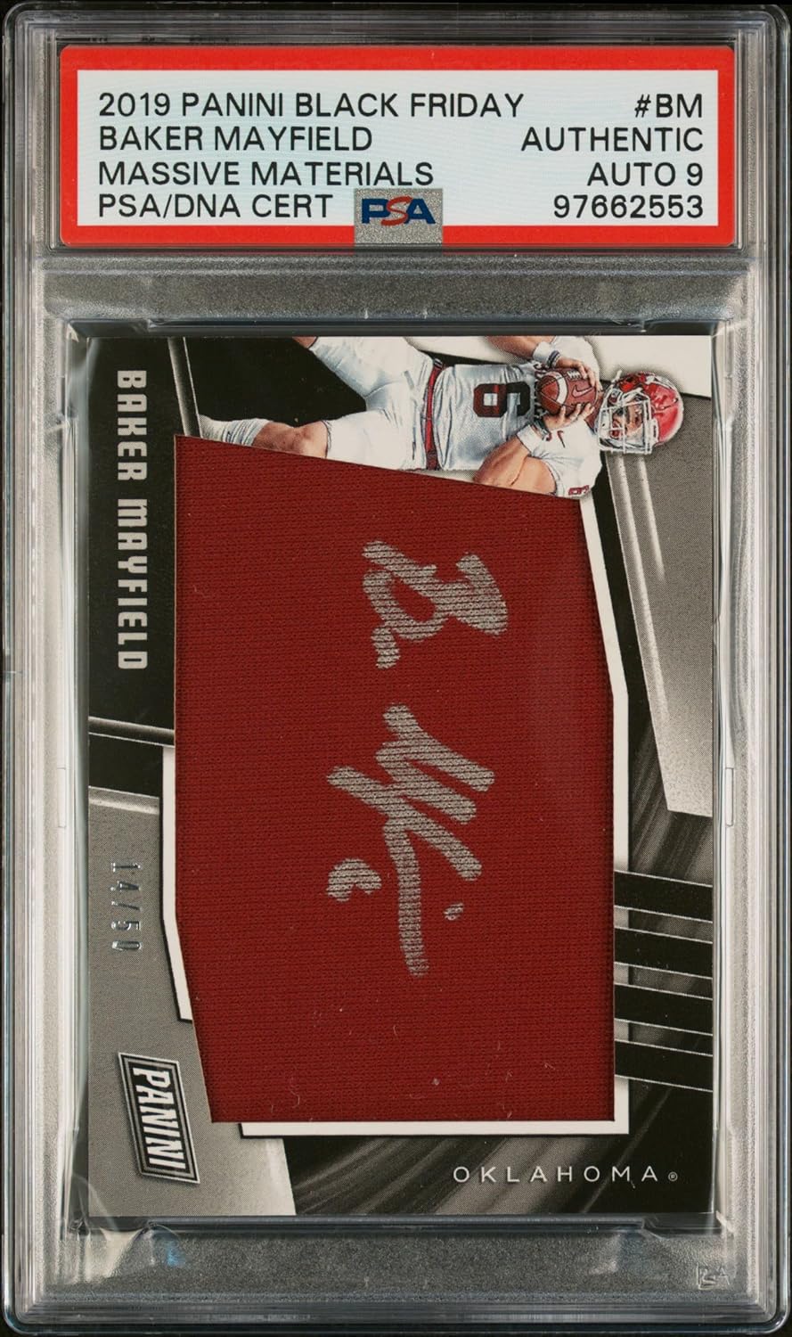 Baker Mayfield 2019 Panini Black Friday Massive Materials Signed Football Card Graded PSA Authentic Auto 9 14/50 Cert #97662553