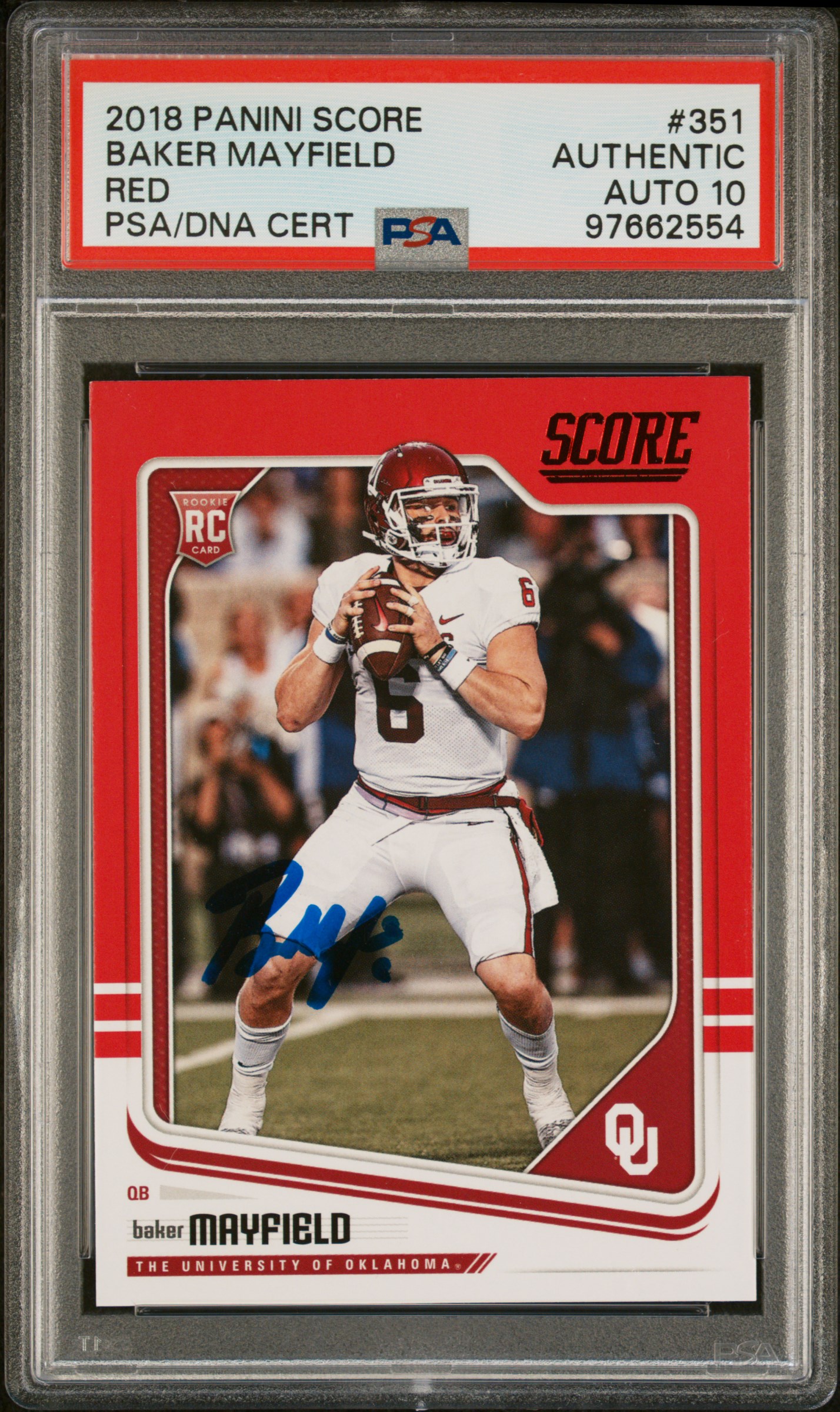 Baker Mayfield 2018 Panini Score Red Signed Rookie Card #351 Auto Graded PSA 10