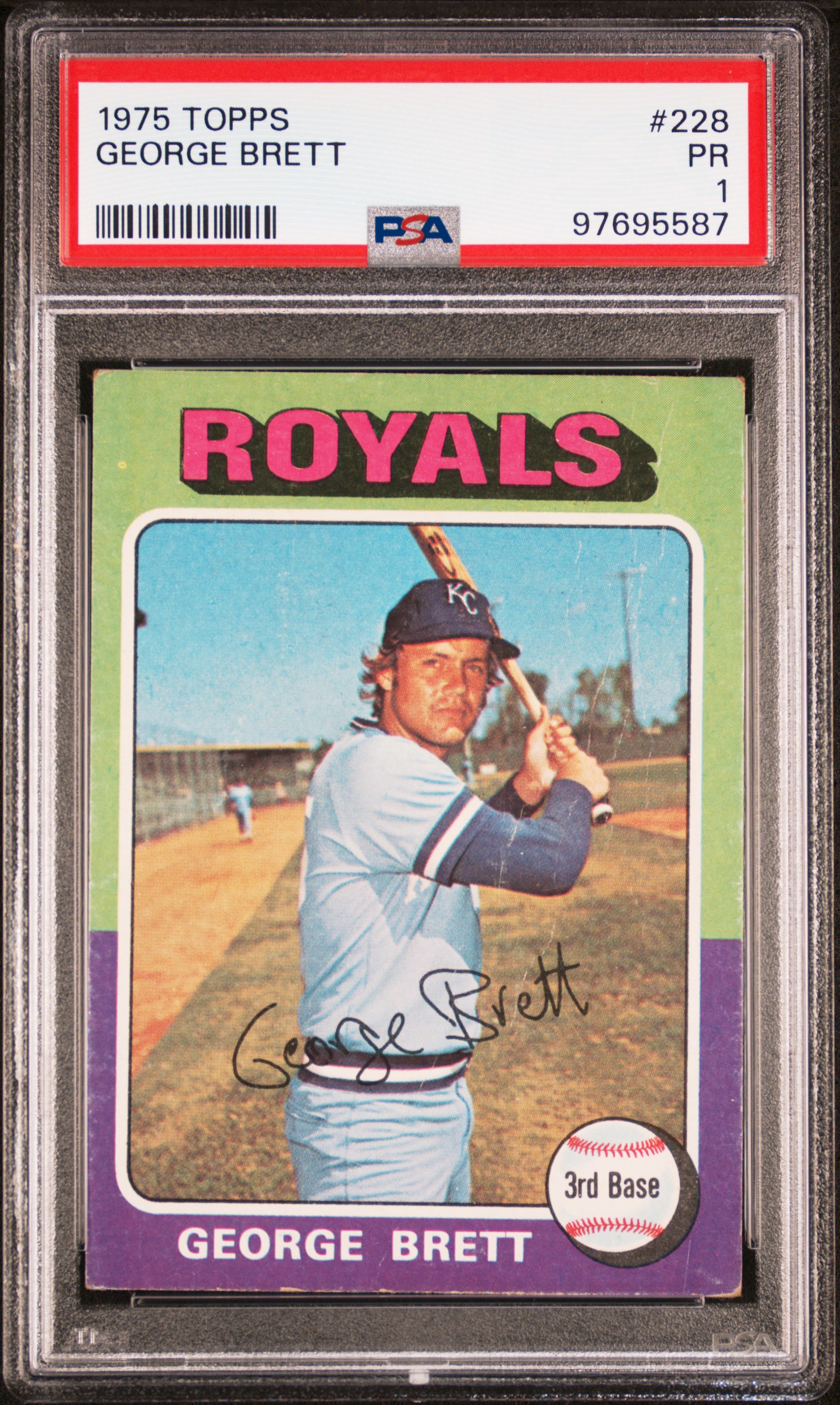 George Brett 1975 Topps Baseball Rookie Card #228 Graded PSA 1 George Brett 1975 Topps Baseball Rookie Card #228 Graded PSA 1