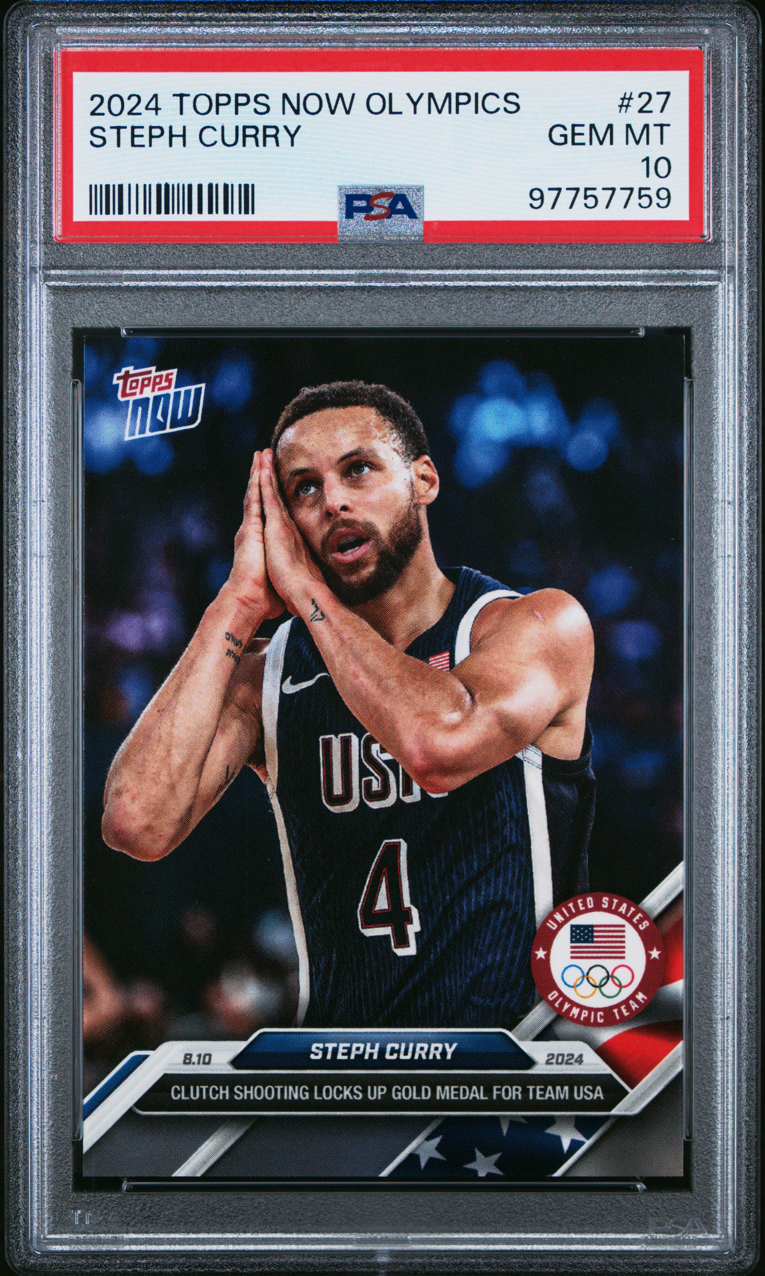 Stephen Curry 2024 Topps Now Olympics USA Gold Medal Night Night Basketball Card #27 Graded PSA 10