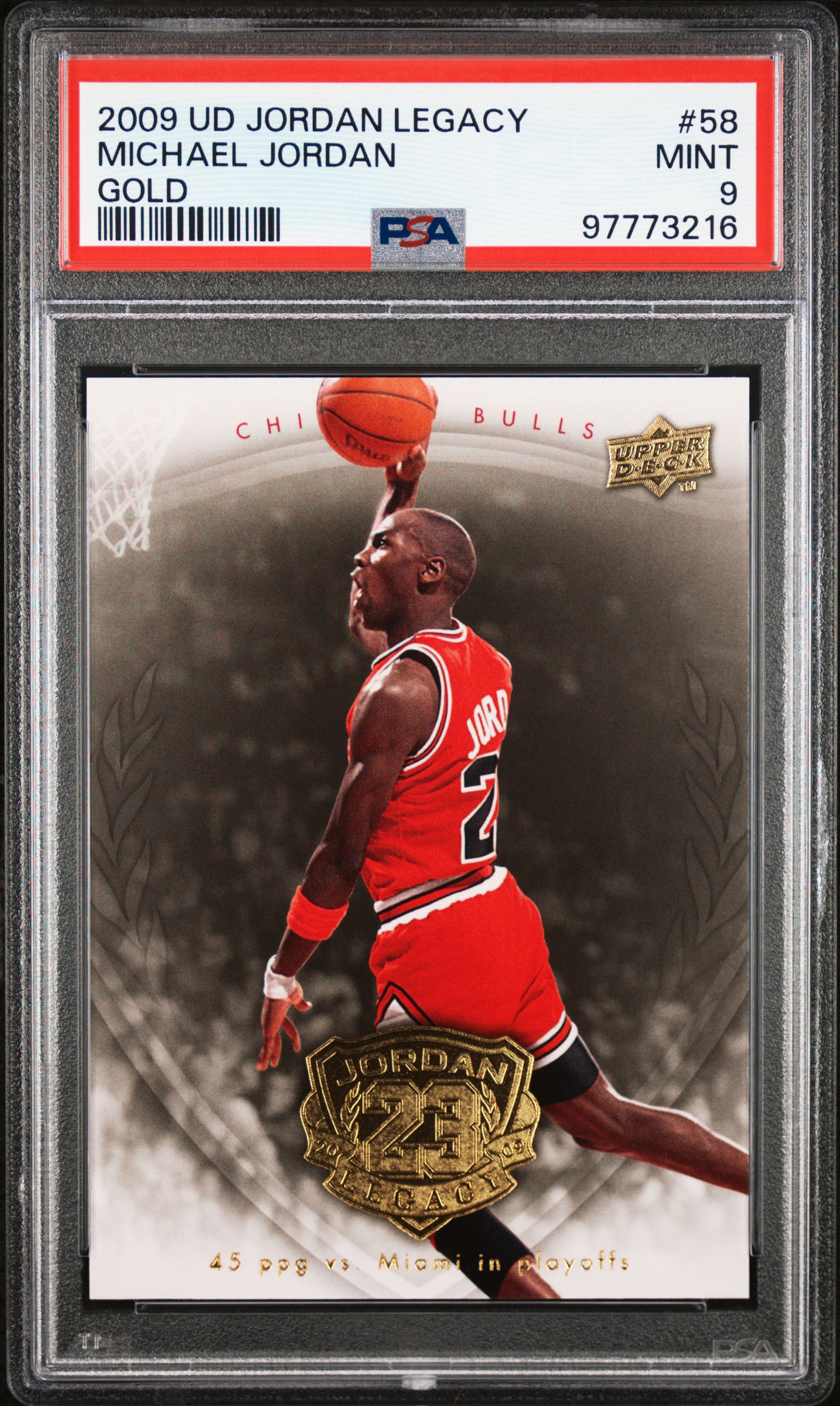 Michael Jordan 2009 Upper Deck Jordan Legacy Gold Chicago Bulls Basketball Card #58 Graded PSA 9 Cert #97773216