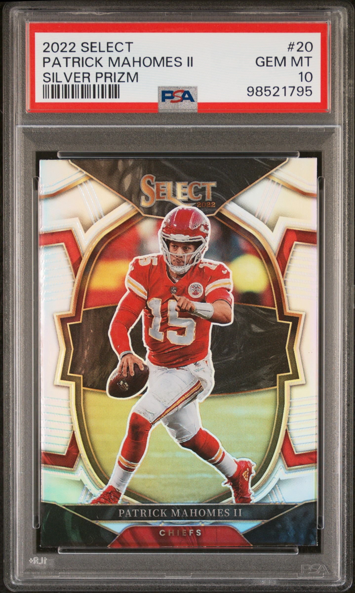 Patrick Mahomes II 2022 Panini Select Silver Prizm Kansas City Chiefs Football Card #20 Graded PSA 10 Cert #98521795 Patrick Mahomes II 2022 Panini Select Silver Prizm Kansas City Chiefs Football Card #20 Graded PSA 10 Cert #98521795