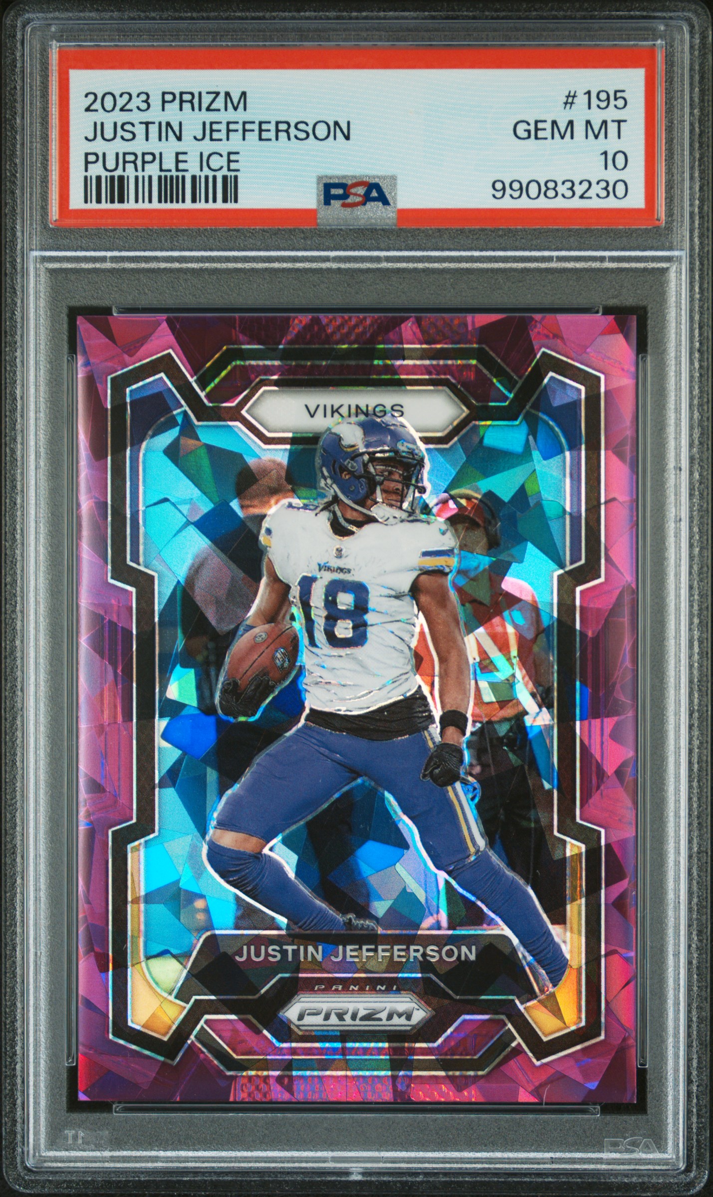 Justin Jefferson 2023 Panini Prizm Purple Ice Football Card #195 Graded PSA 10 23/225