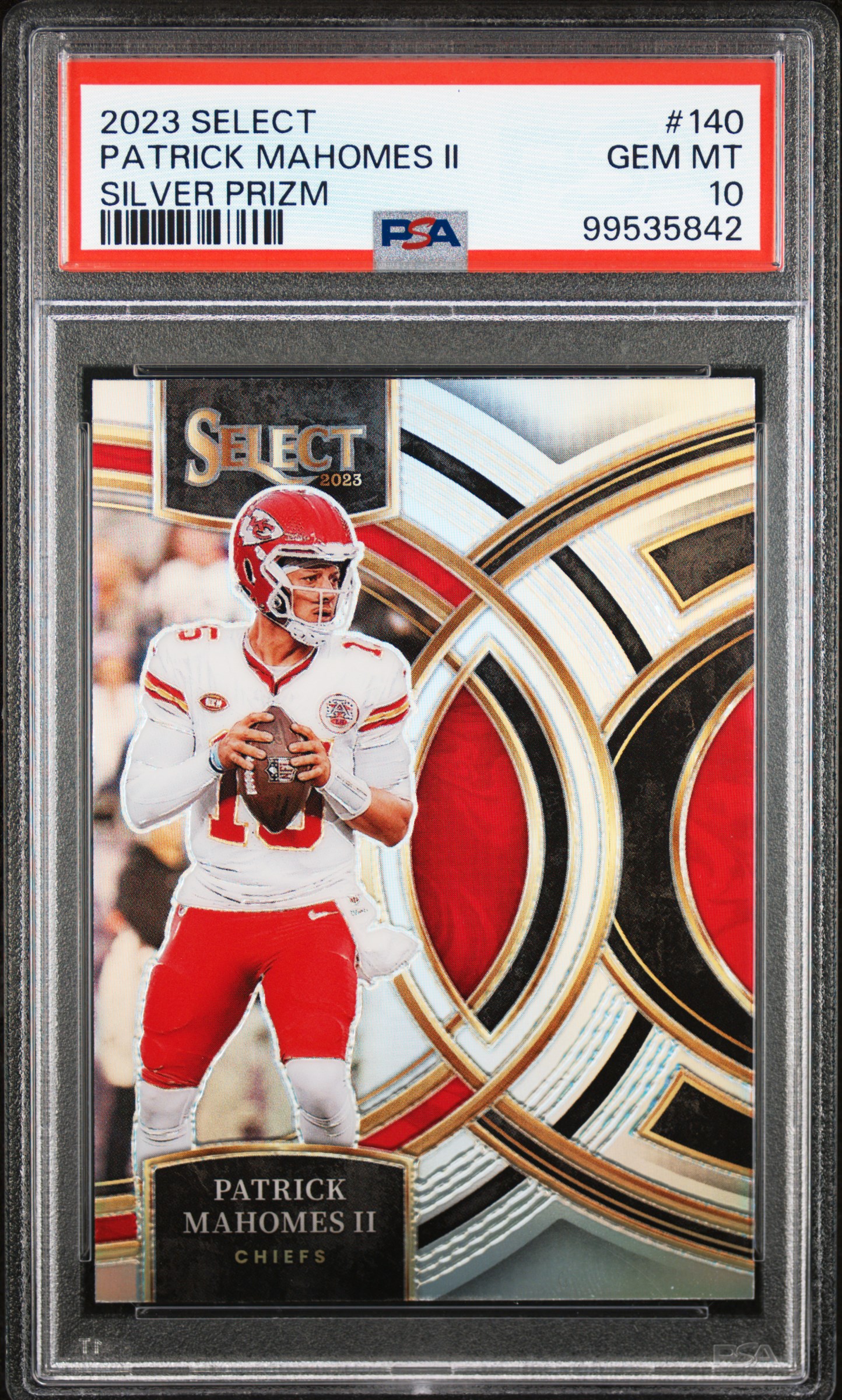 Patrick Mahomes II 2023 Panini Select Silver Prizm Kansas City Chiefs Football Card #140 Graded PSA 10 Cert #99535842 Patrick Mahomes II 2023 Panini Select Silver Prizm Kansas City Chiefs Football Card #140 Graded PSA 10 Cert #99535842