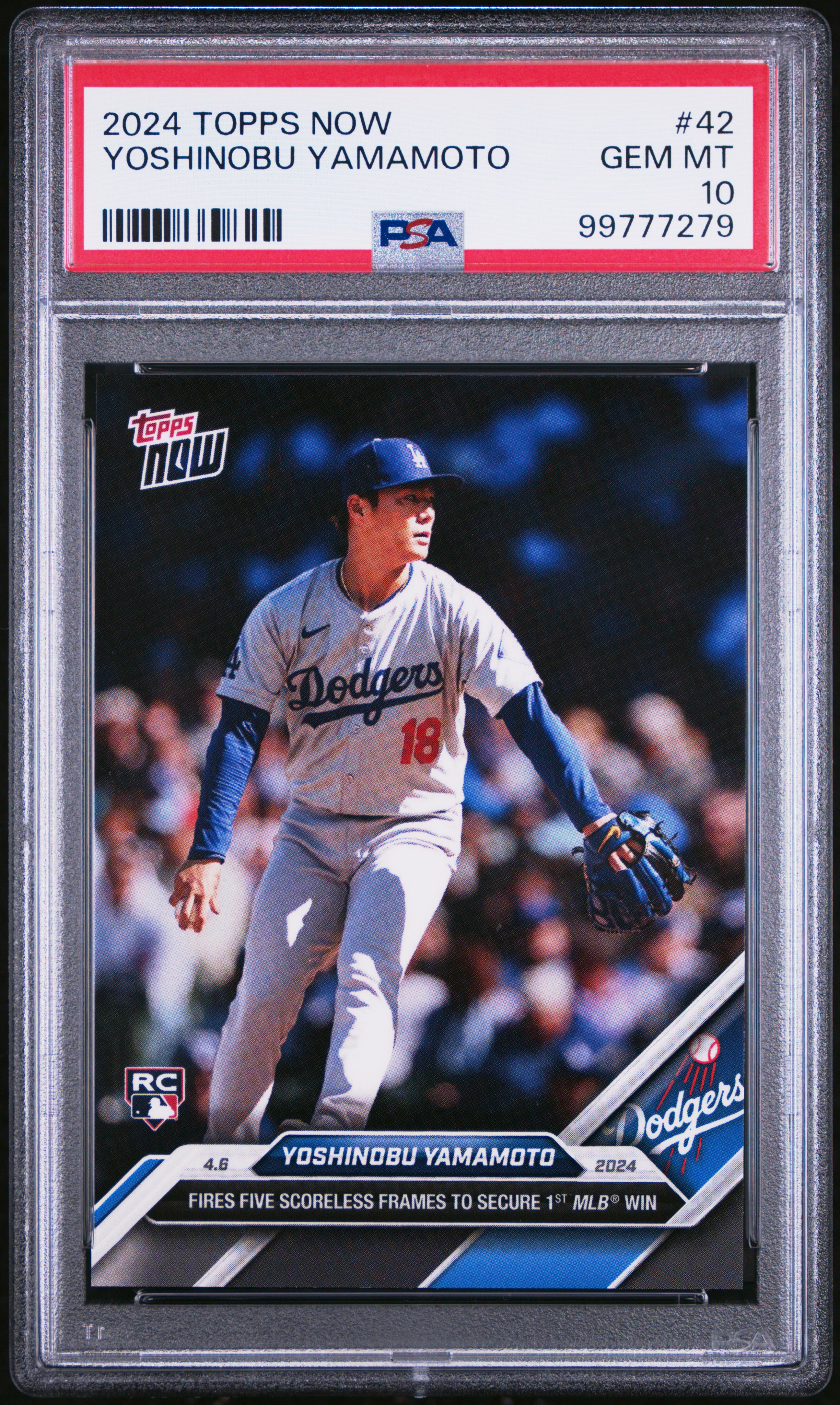 Yoshinobu Yamamoto 2024 Topps Now 1st Win Baseball Rookie Card #42 Graded PSA 10 Cert #99777279