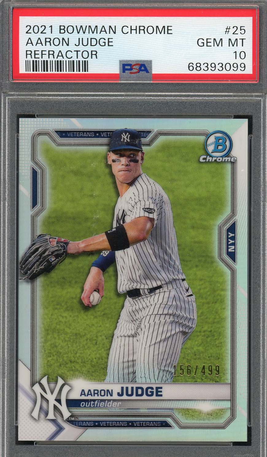 Aaron Judge 2021 Bowman Chrome Refractor Baseball Card #25 Graded PSA 10 156/499 Aaron Judge 2021 Bowman Chrome Refractor Baseball Card #25 Graded PSA 10 156/499