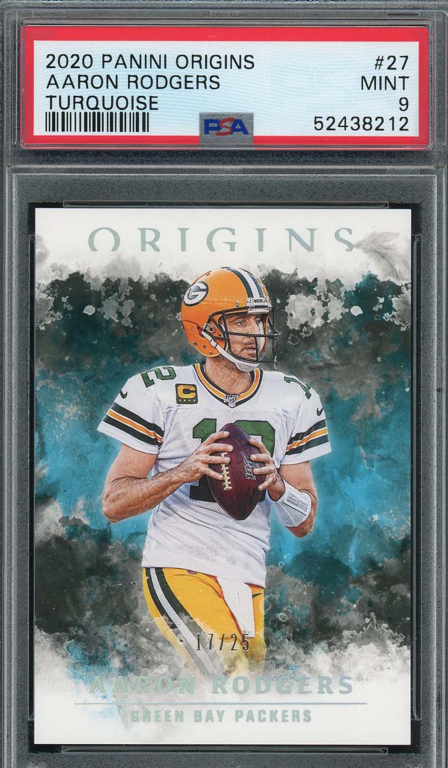 Aaron Rodgers 2020 Panini Origins Turquoise Football Card #27 PSA 9 /25