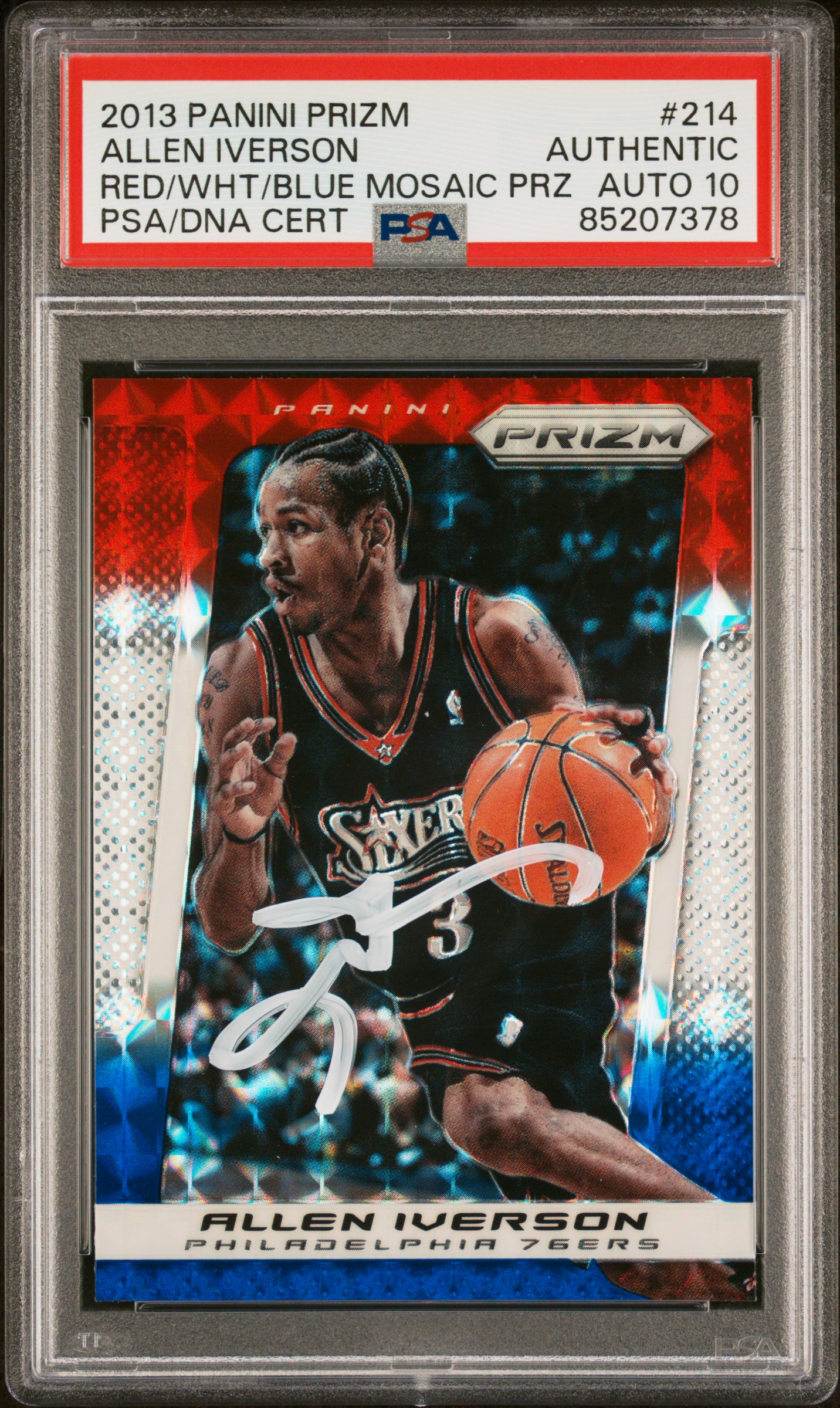 Allen Iverson 2013 Panini Prizm Red White Blue Mosaic Card #214 Auto PSA 10 7378