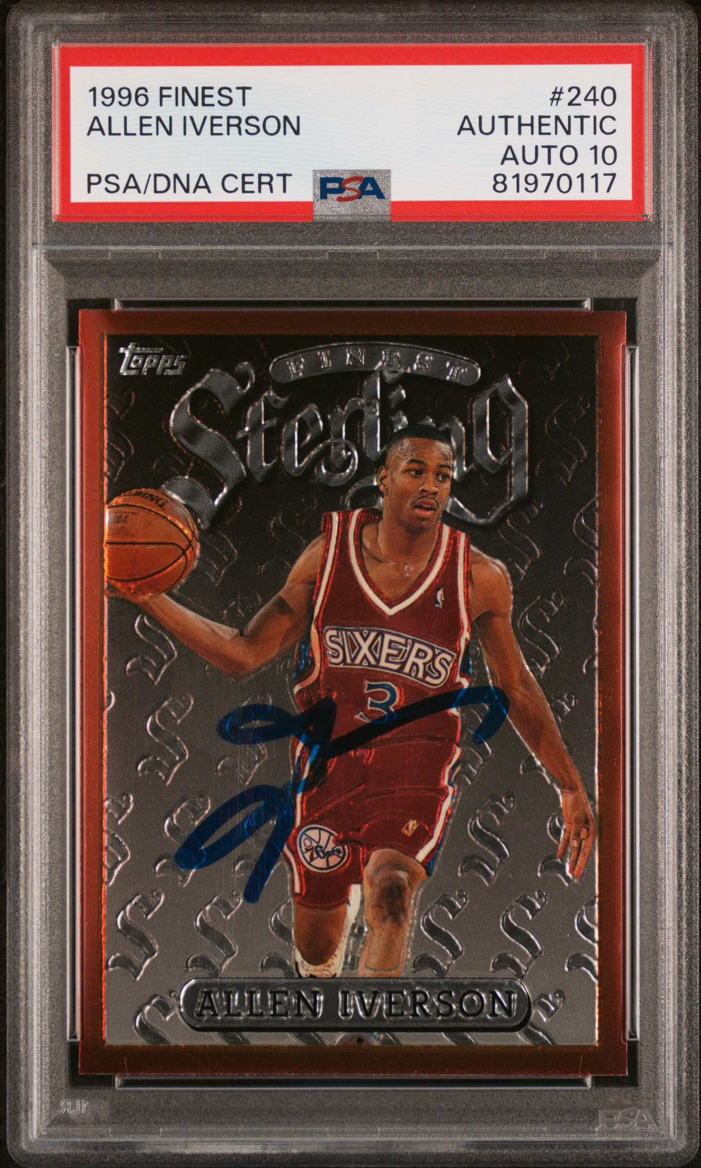 Allen Iverson 1996 Topps Finest Signed Rookie Card #240 Auto PSA 10 81970117