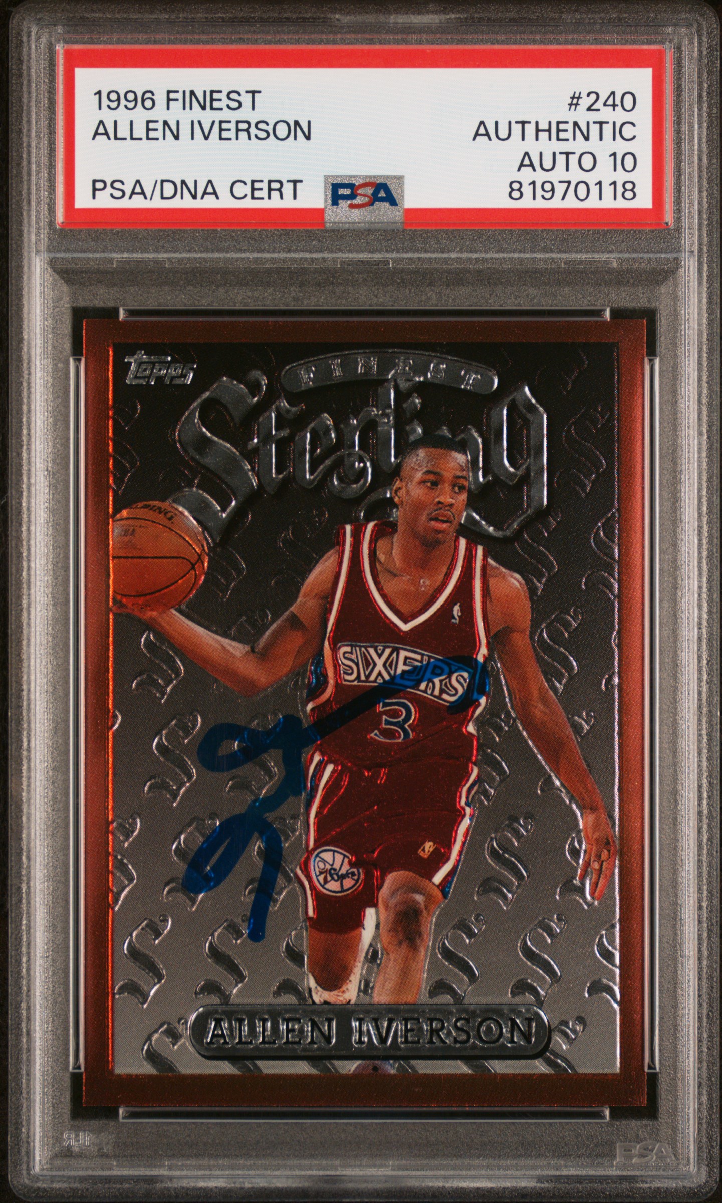 Allen Iverson 1996 Topps Finest Signed Rookie Card #240 Auto PSA 10 81970118