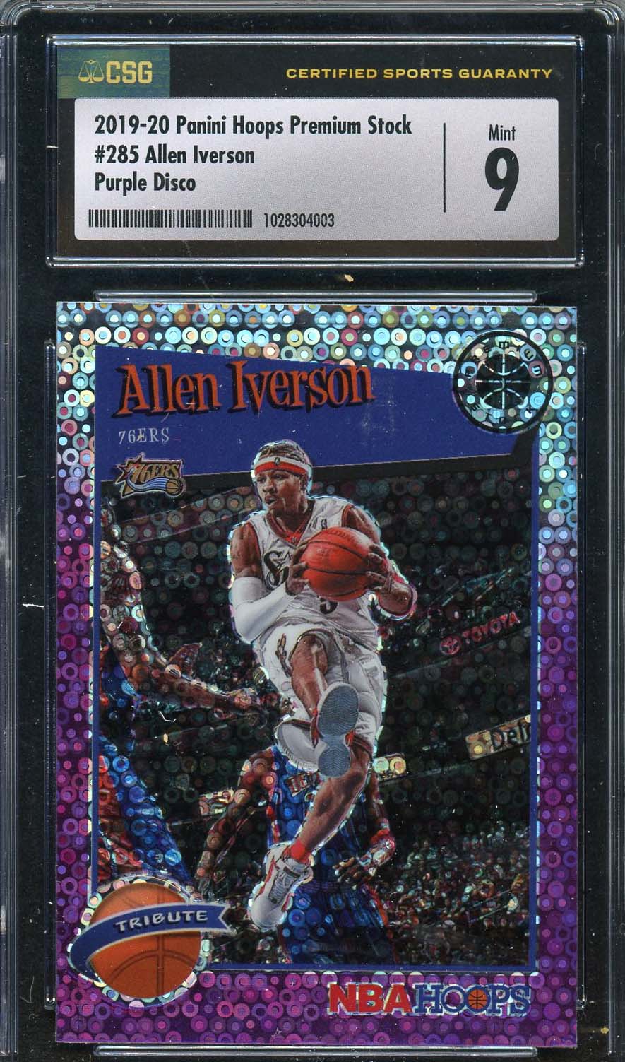 Allen Iverson 2019 Panini Hoops Premium Stock Purple Disco Card #285 CSG 9