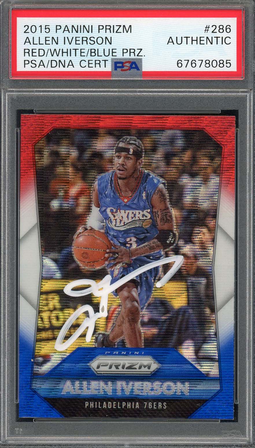 Allen Iverson 2015 Panini Red White Blue Prizm Signed Card #286 Auto PSA