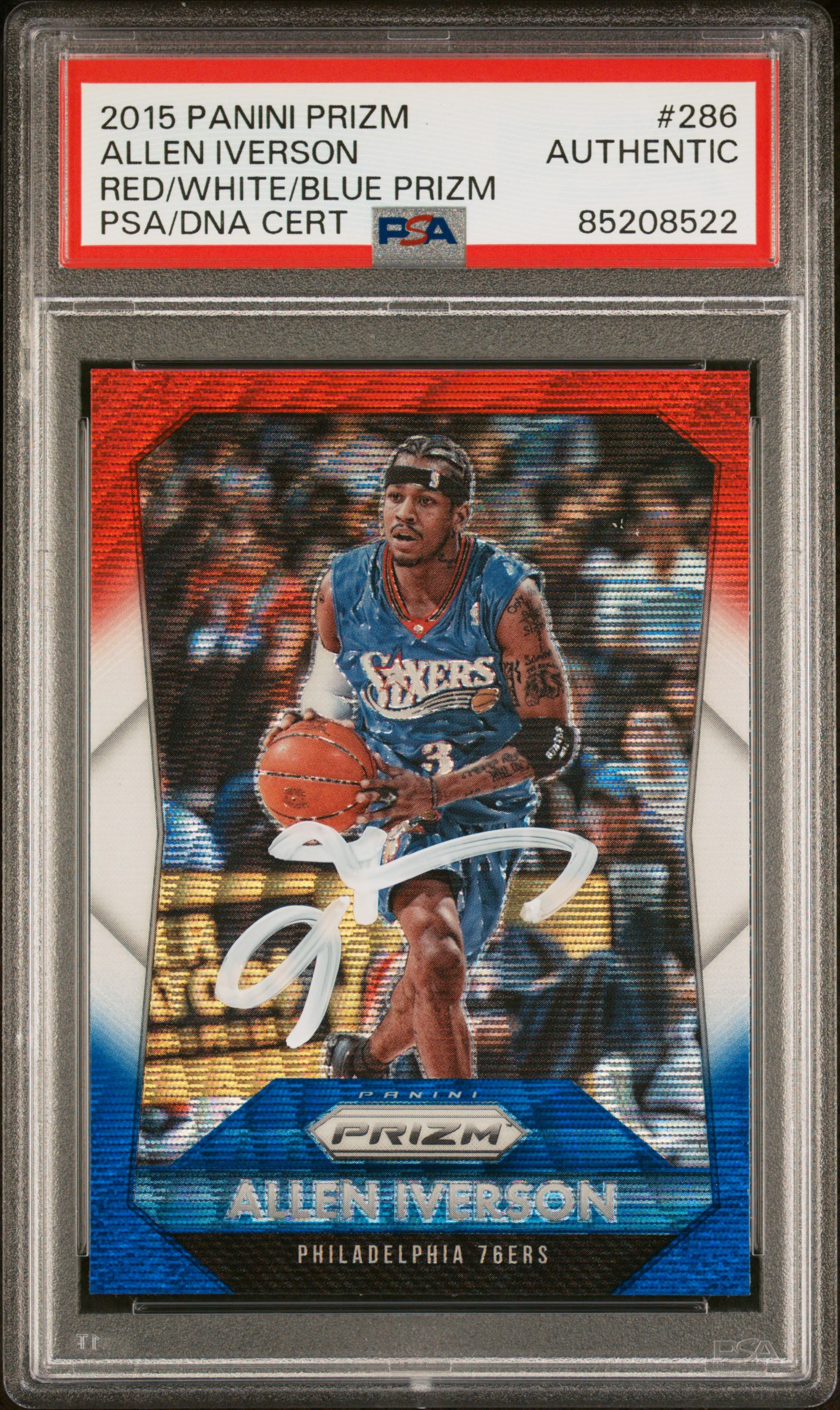 Allen Iverson 2015 Panini Prizm Red White Blue Signed Card #286 Auto PSA 5208522