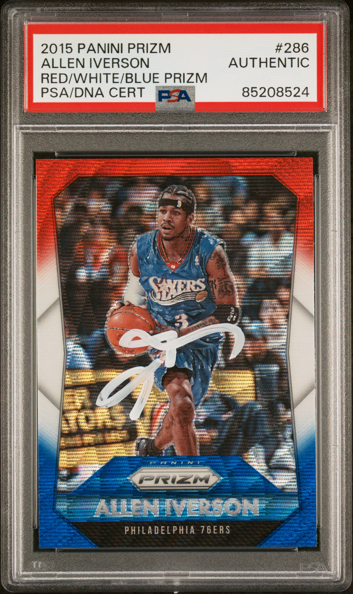 Allen Iverson 2015 Panini Prizm Red White Blue Signed Card #286 Auto PSA 5208524
