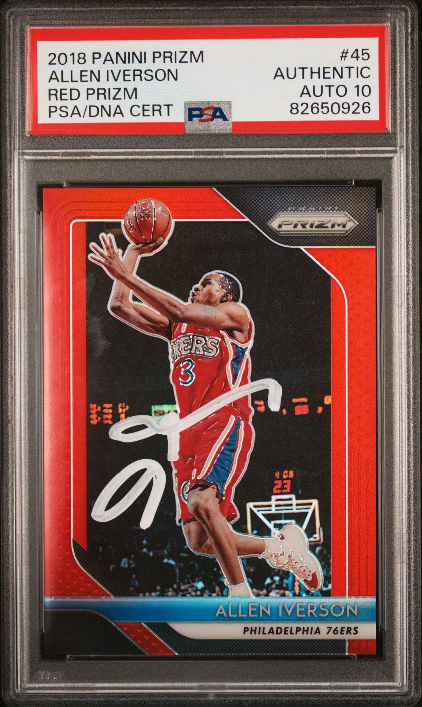 Allen Iverson 2018 Panini Prizm Red Signed Card #45 Auto Graded PSA 10 81/299