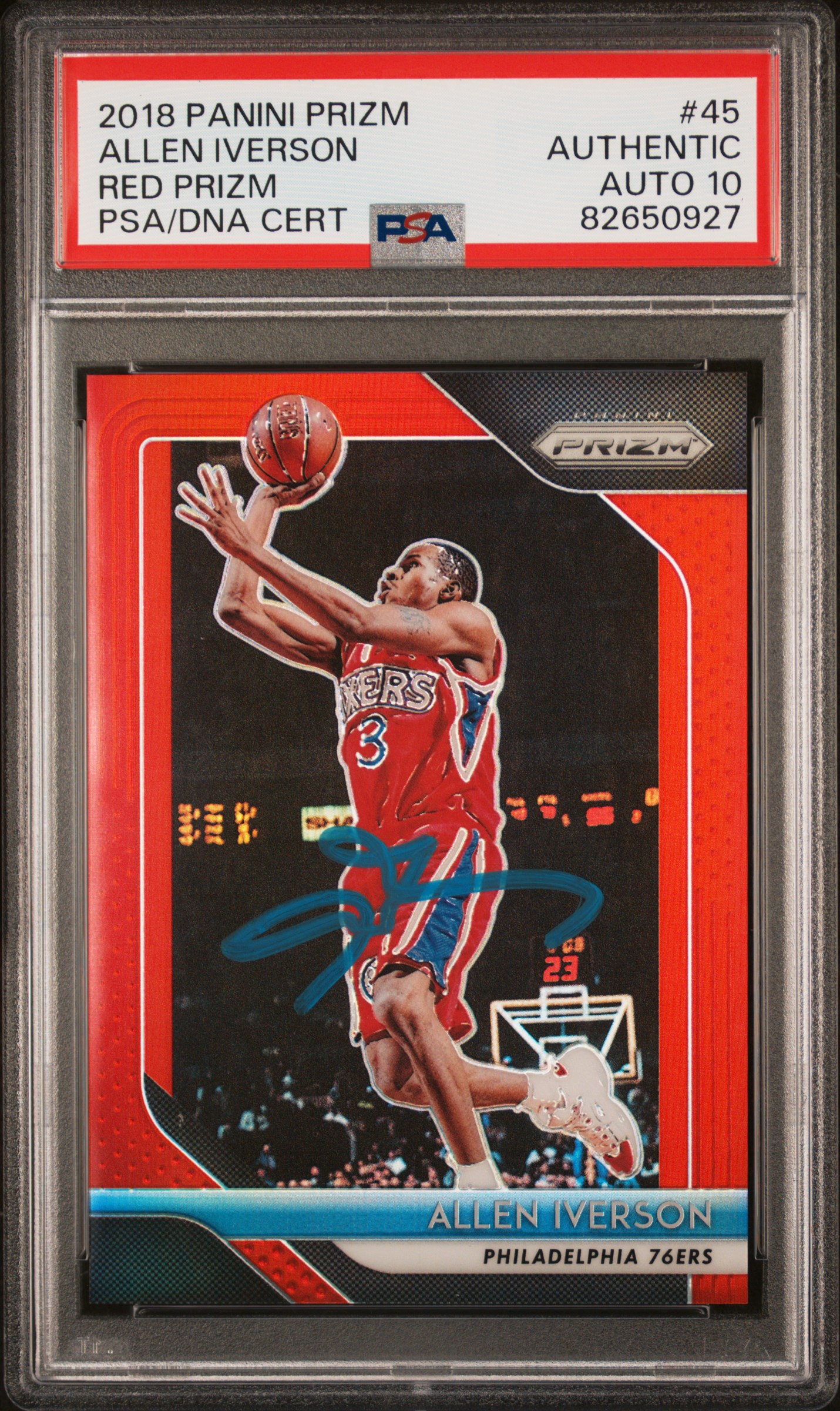 Allen Iverson 2018 Panini Prizm Red Signed Card #45 Auto Graded PSA 10 34/299
