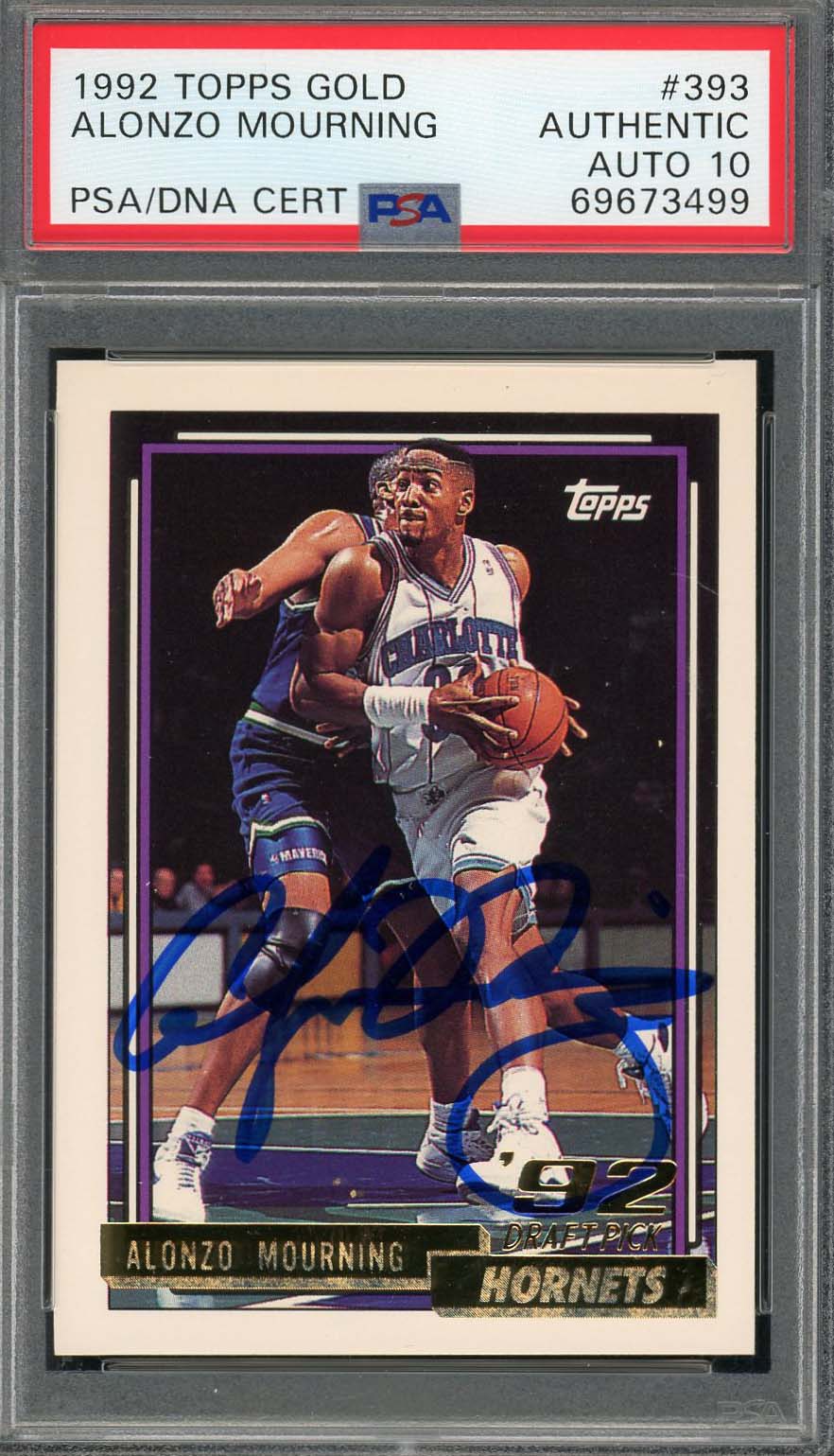 Alonzo Mourning 1992 Topps Gold Signed Rookie Card #393 Auto Graded PSA 10