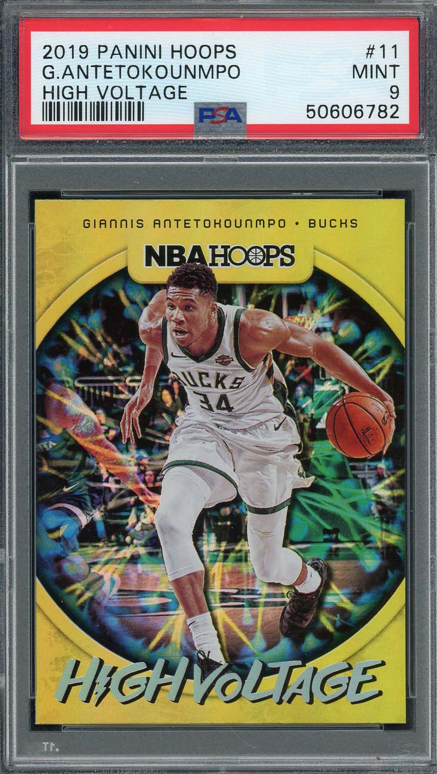 Giannis Antetokounmpo 2019 Panini Hoops High Voltage Card #11 PSA 9 Giannis Antetokounmpo 2019 Panini Hoops High Voltage Card #11 PSA 9