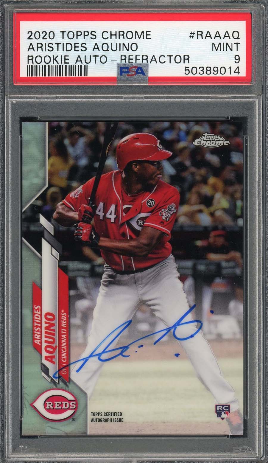 Aristides Aquino 2020 Topps Chrome Rookie Autographs Refractor Baseball Card RC #RAAAQ Graded PSA 9 MINT /499