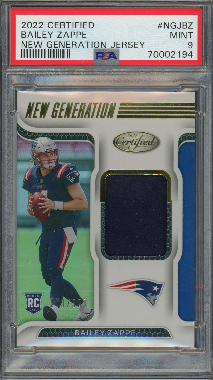 Bailey Zappe 2022 Panini Certified New Generation Rookie Card PSA 9 #/399