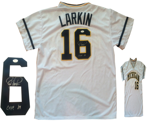 Barry Larkin Signed Michigan Baseball Jersey JSA COA Reds