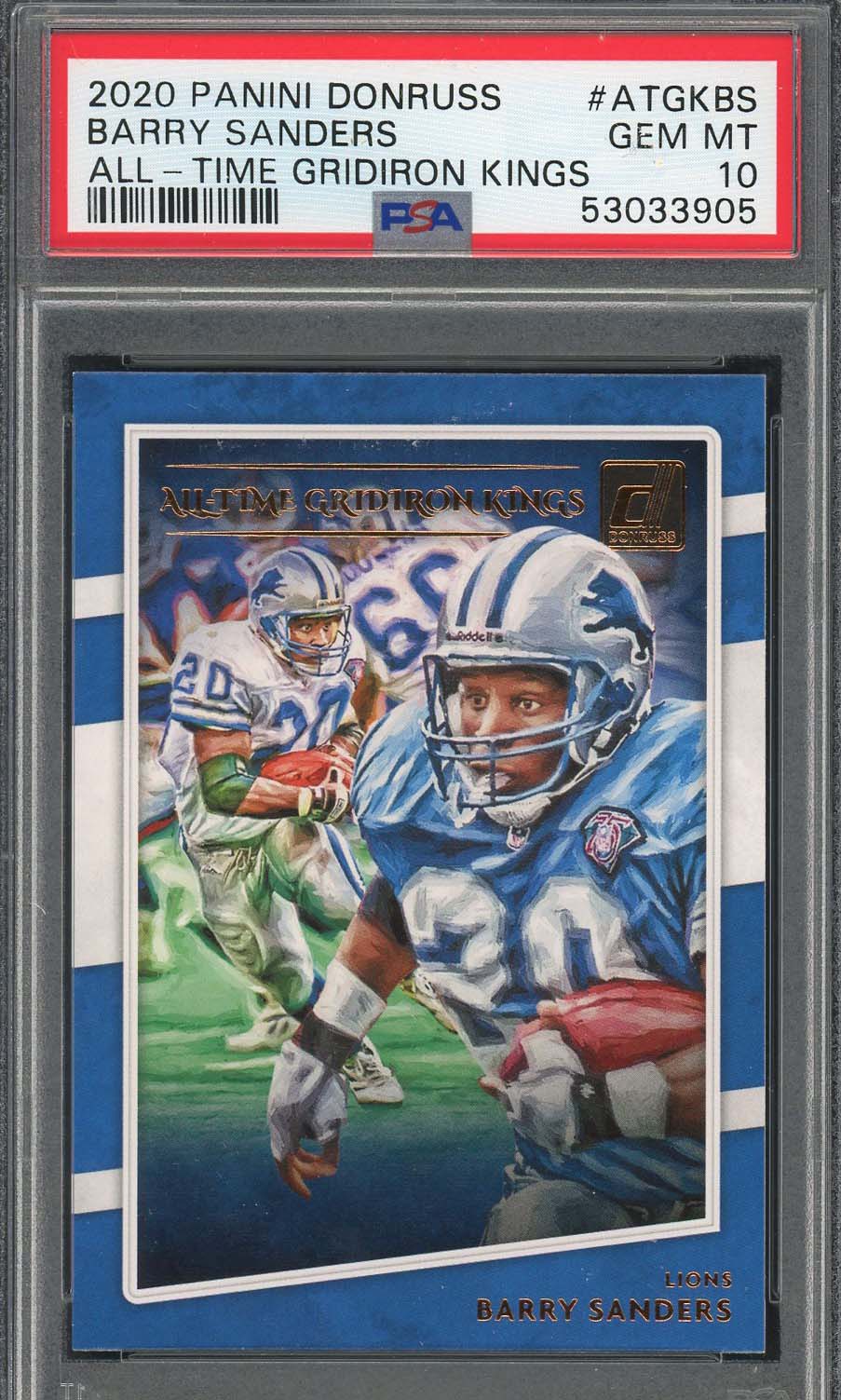 Barry Sanders 2020 Panini Donruss Gridiron Kings Card #ATGKBS Graded PSA 10 Barry Sanders 2020 Panini Donruss Gridiron Kings Card #ATGKBS Graded PSA 10