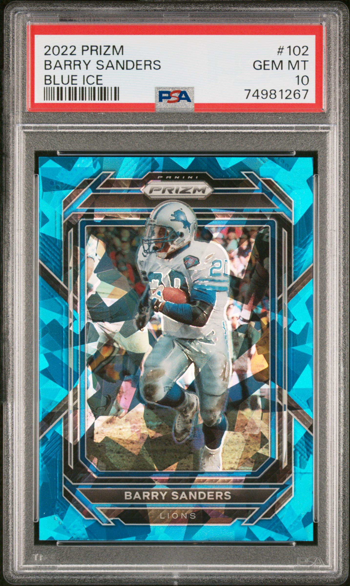 Barry Sanders 2022 Panini Prizm Blue Ice Football Card #102 Graded PSA 10 #/99
