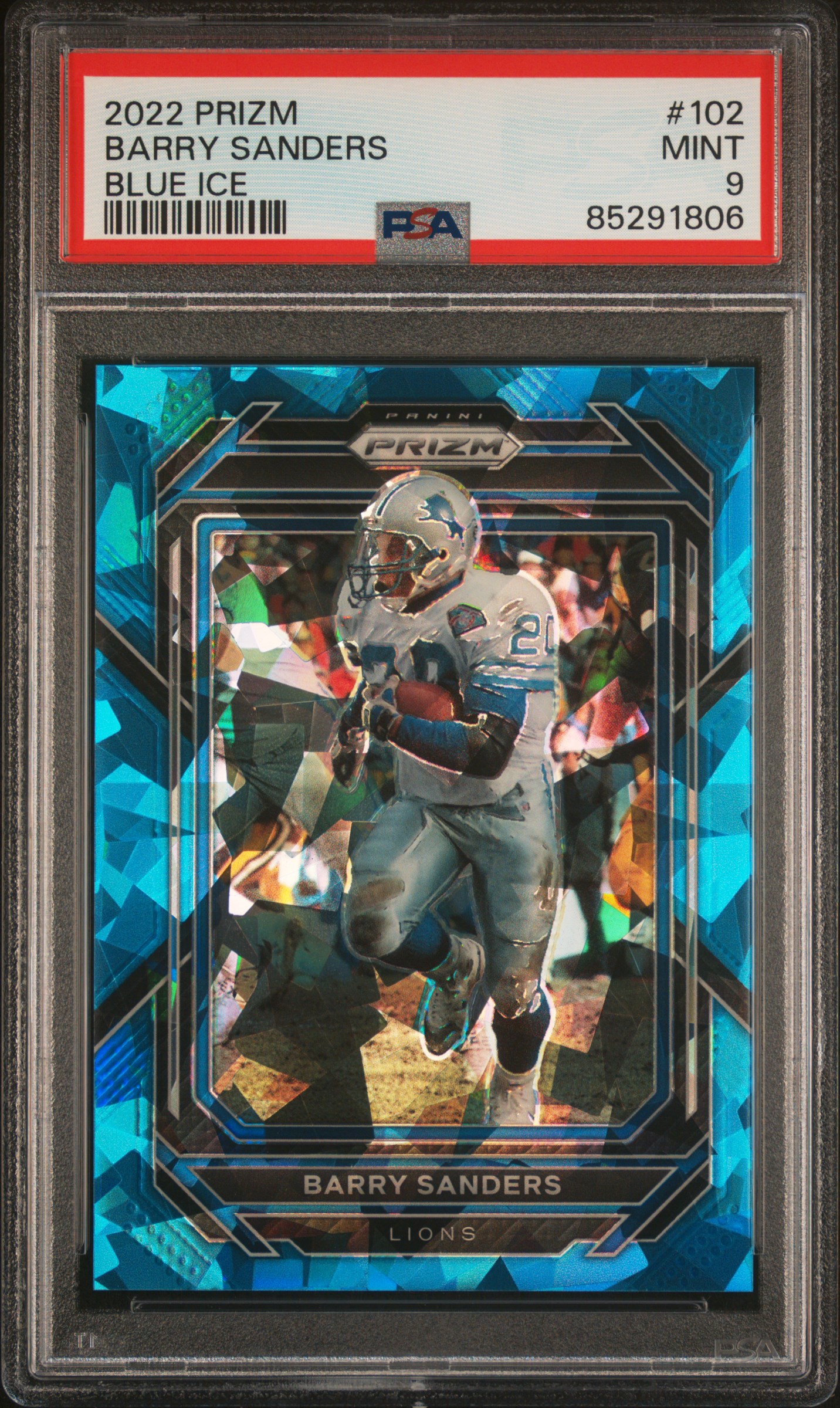 Barry Sanders 2021 Panini Prizm Blue Ice Football Card #102 Graded PSA 9 47/99