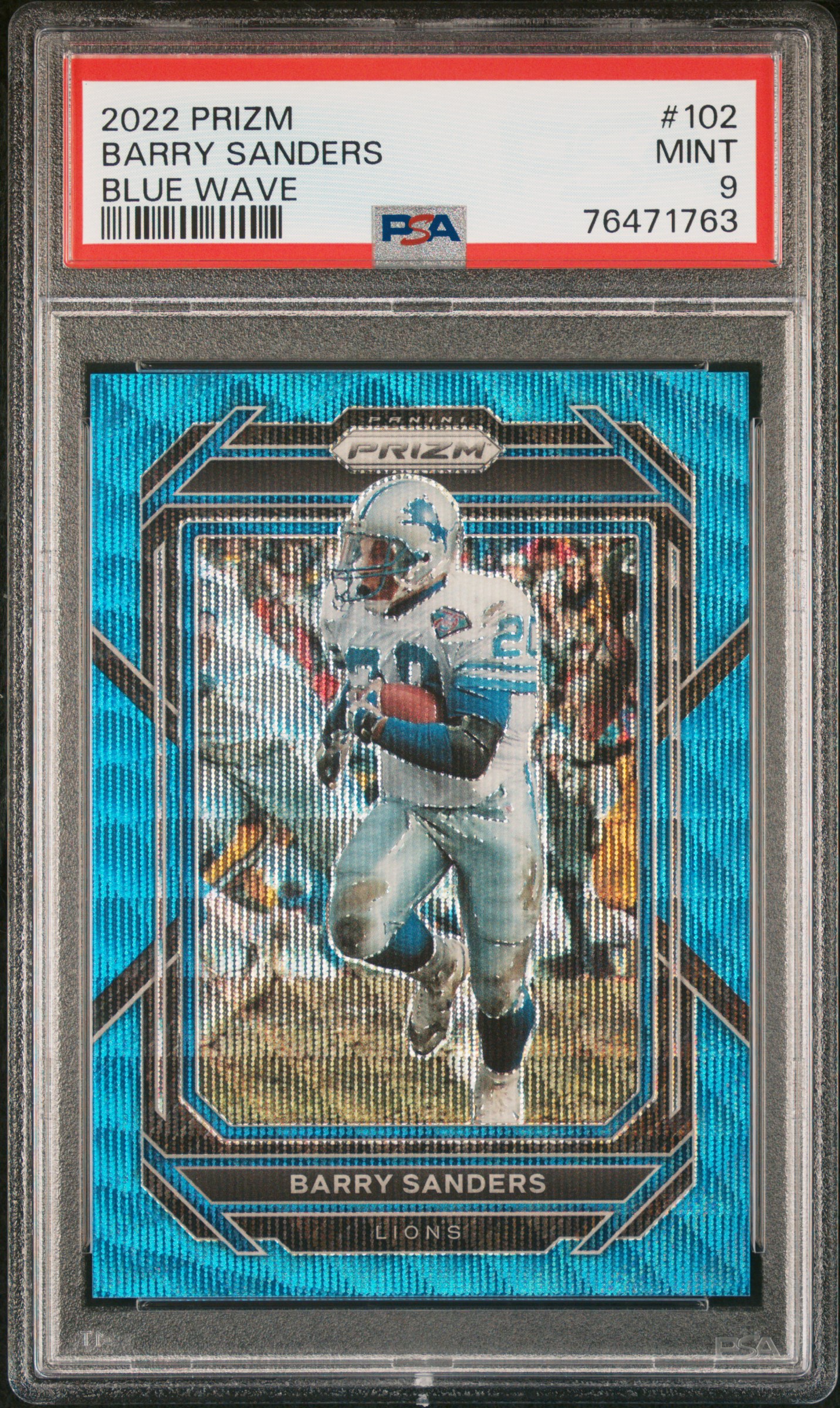 Barry Sanders 2022 Panini Prizm Blue Wave Football Card #102 Graded PSA 9 30/199