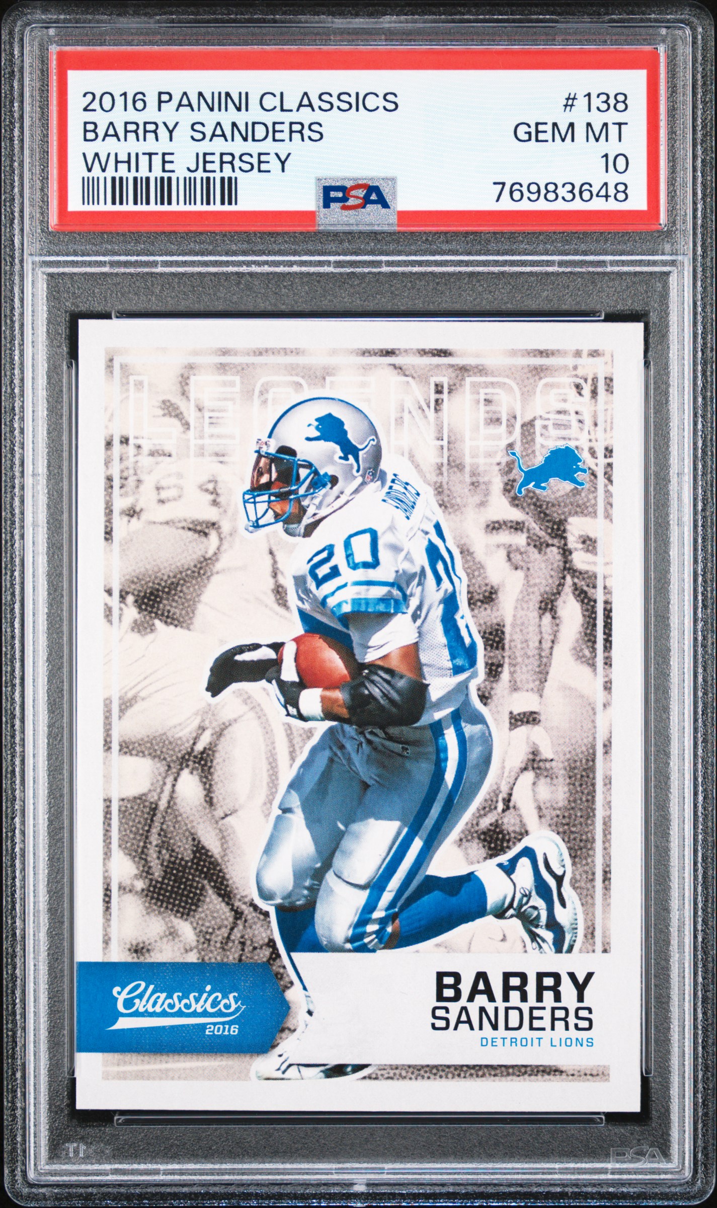 Barry Sanders 2016 Panini Classics White Jersey Football Card #138 Graded PSA 10