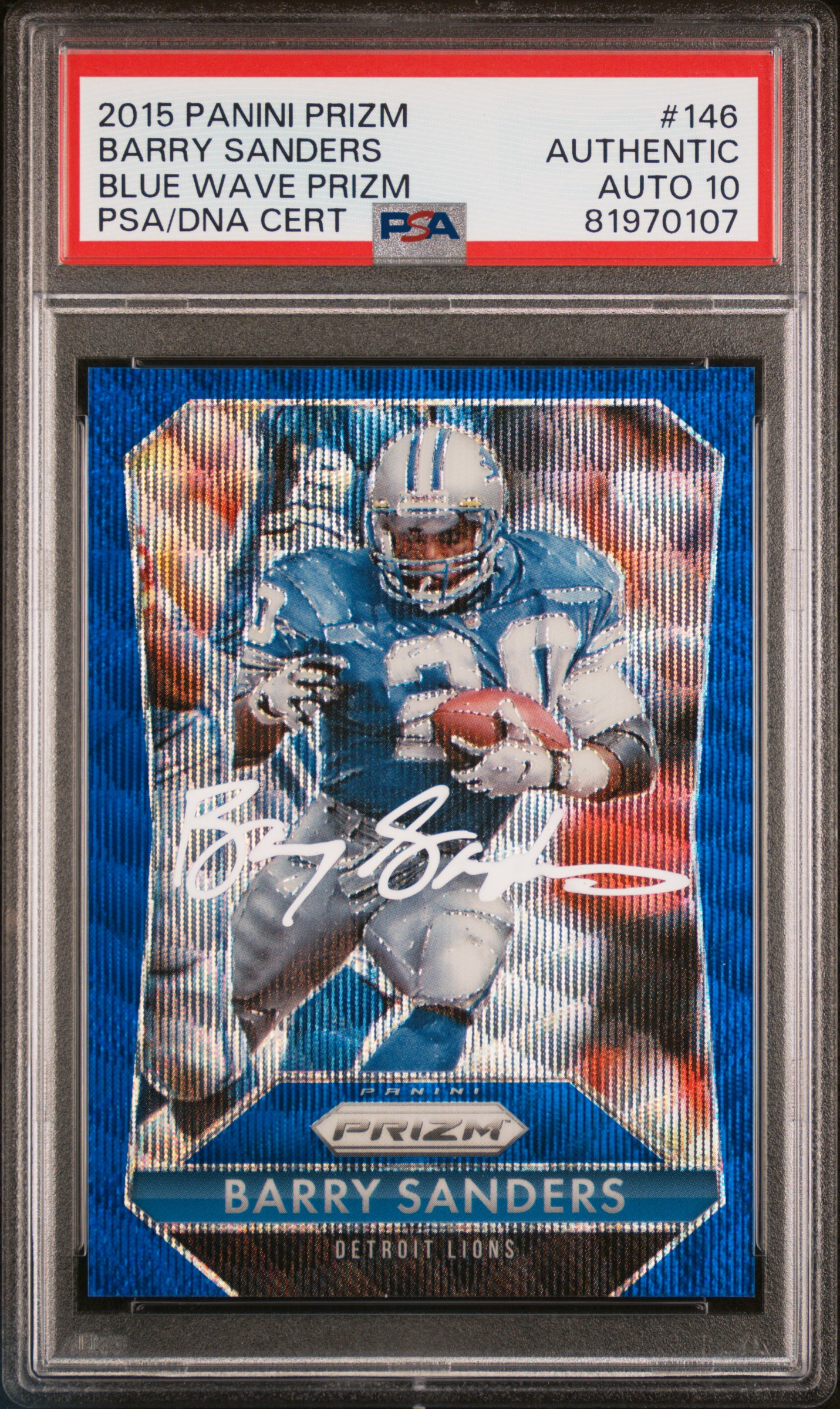 Barry Sanders 2015 Panini Blue Wave Prizm Signed Card #146 Auto PSA 10 81970107