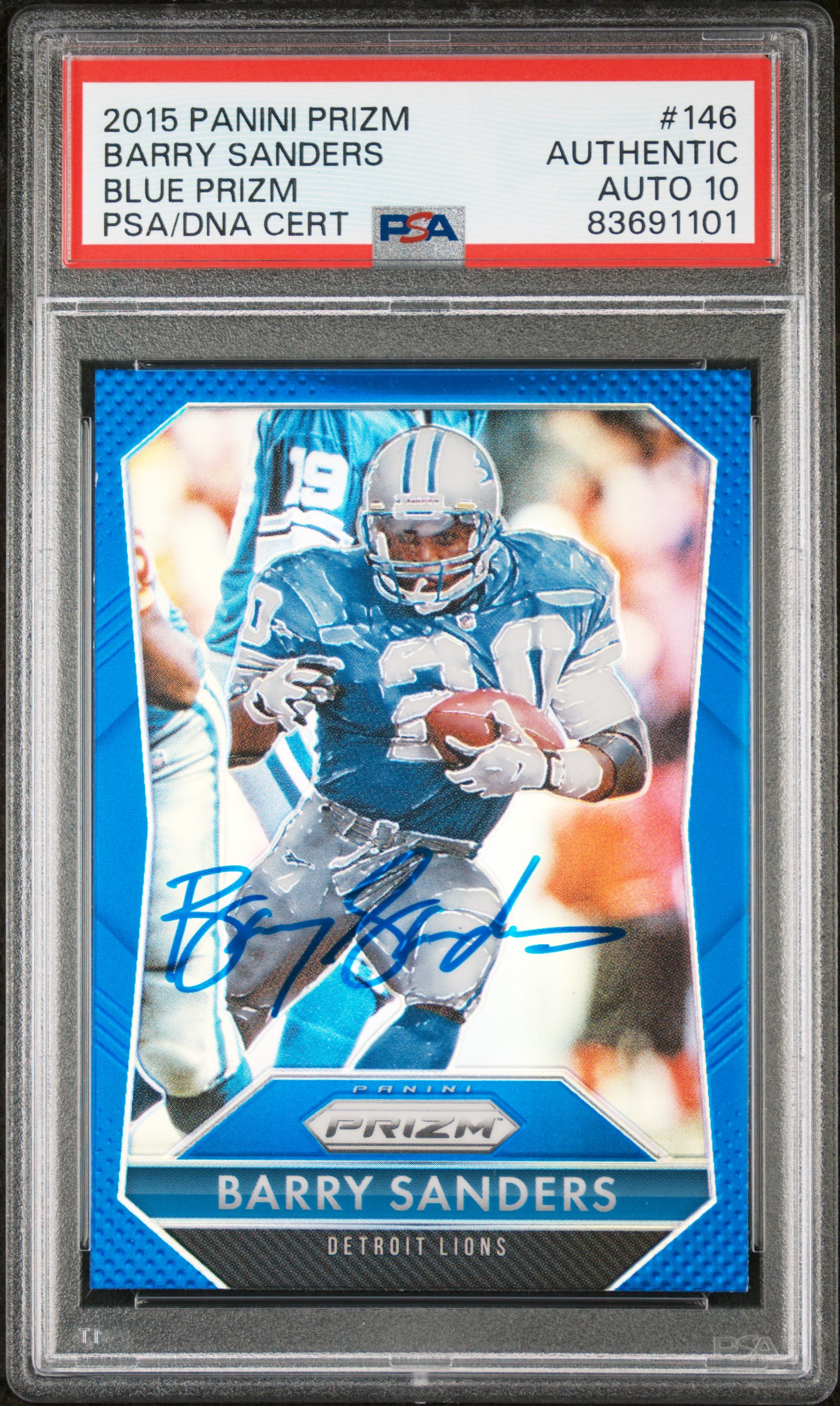 Barry Sanders 2015 Panini Prizm Blue Signed Card #146 Graded PSA 10 83691101